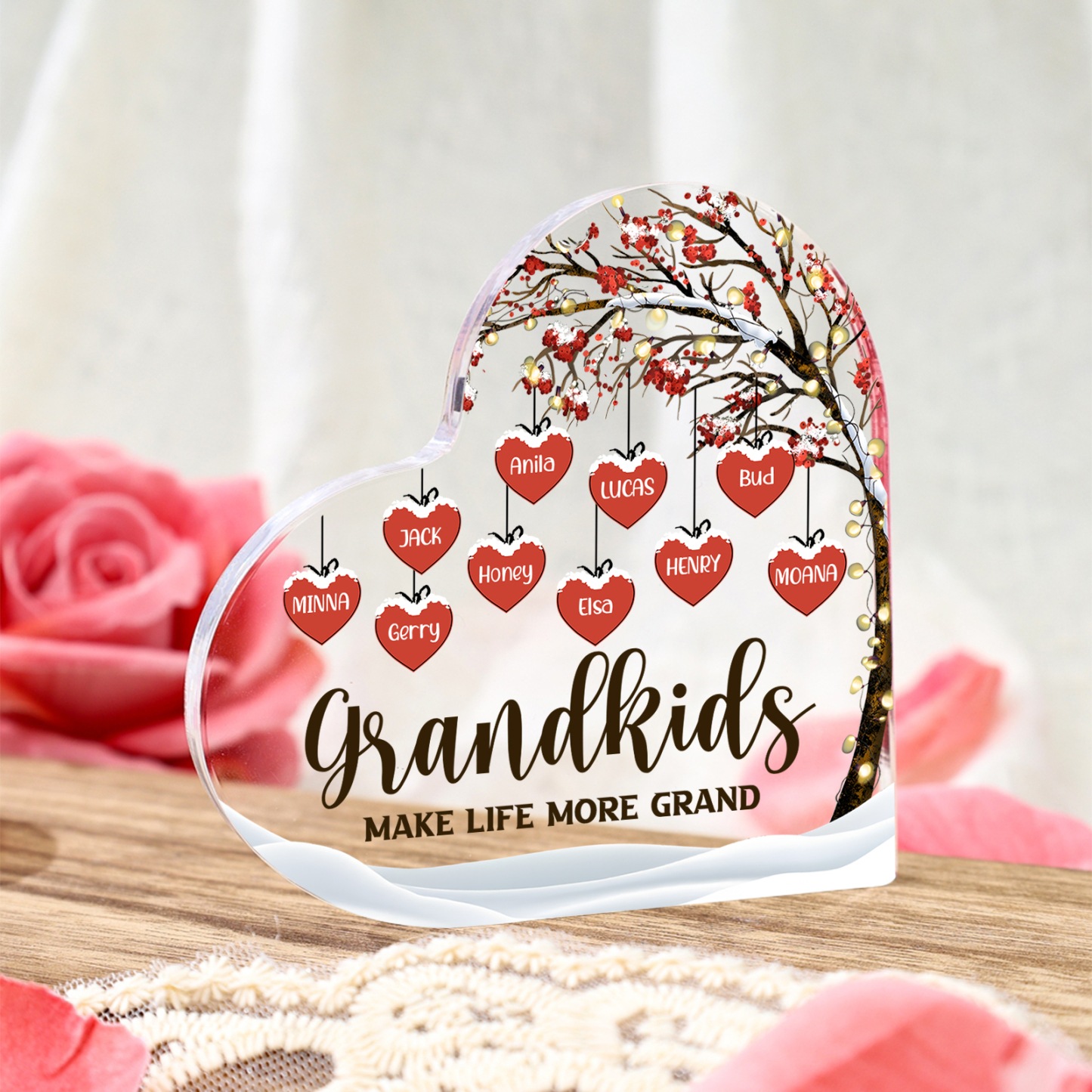 Family Tree Personalized Heart Acrylic Plaque with Custom 1-12 Names Sentimental Gift for Grandparents