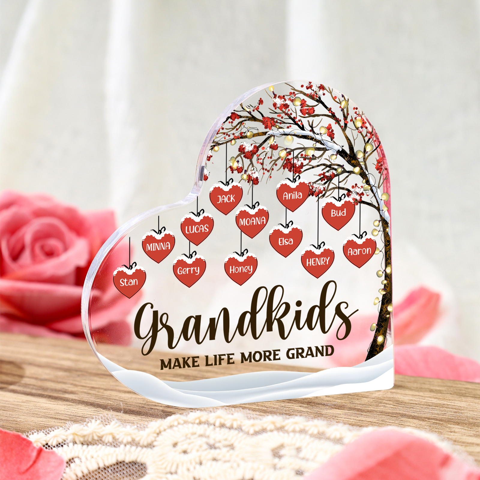 Family Tree Personalized Heart Acrylic Plaque with Custom 1-12 Names Sentimental Gift for Grandparents