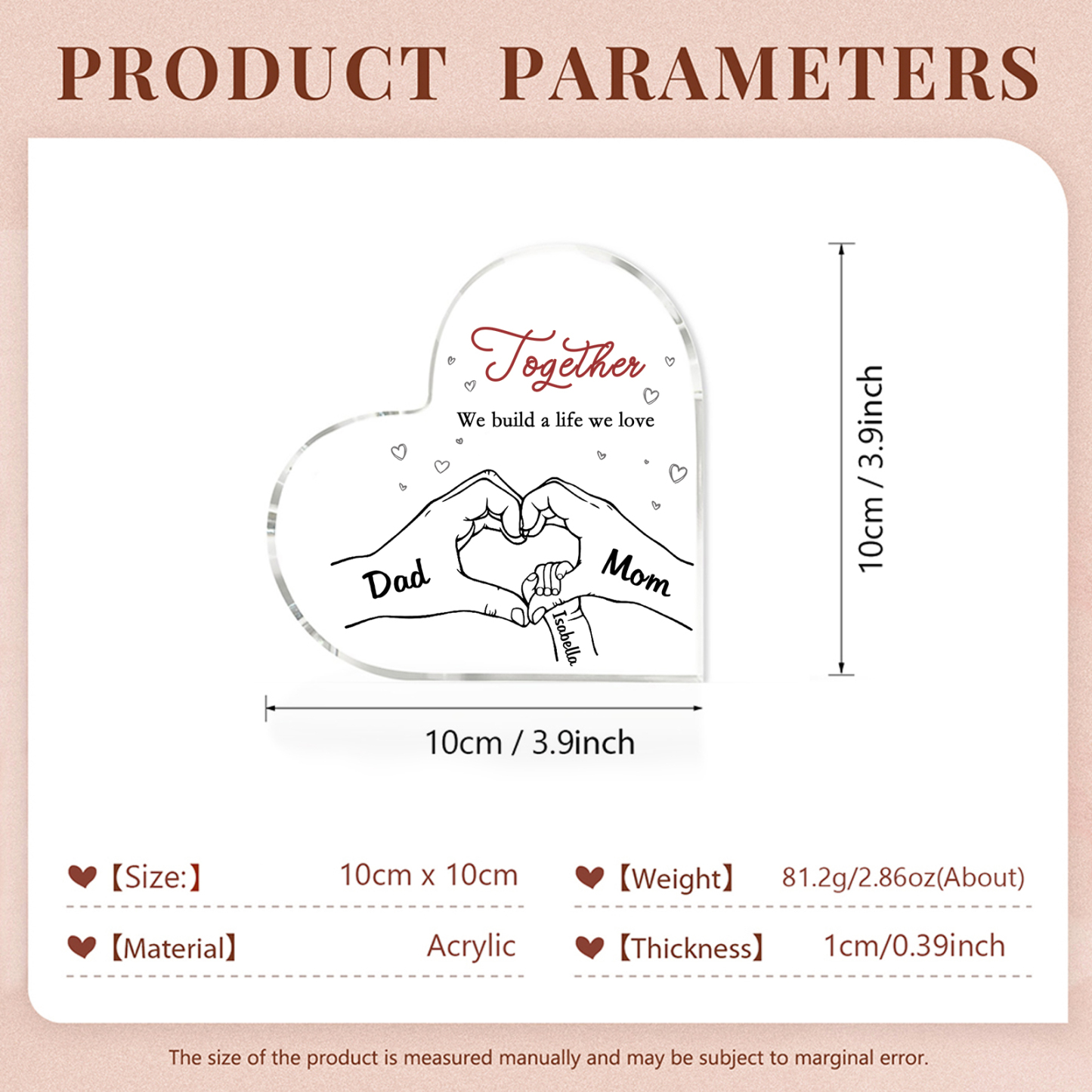 Personalized Family Heart Acrylic Plaque Custom with 3 Names Heart Hand Gift for Parents