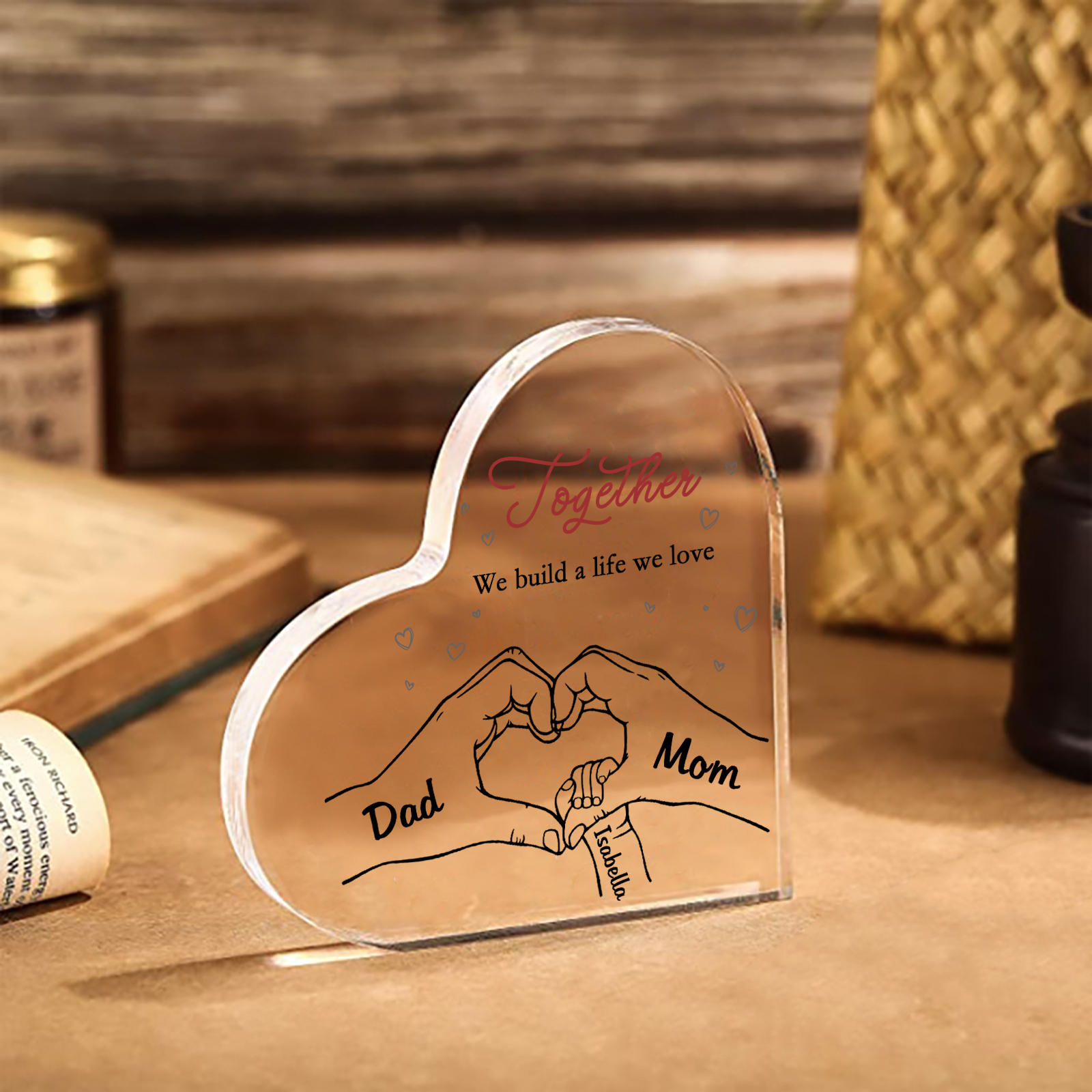 Personalized Family Heart Acrylic Plaque Custom with 3 Names Heart Hand Gift for Parents