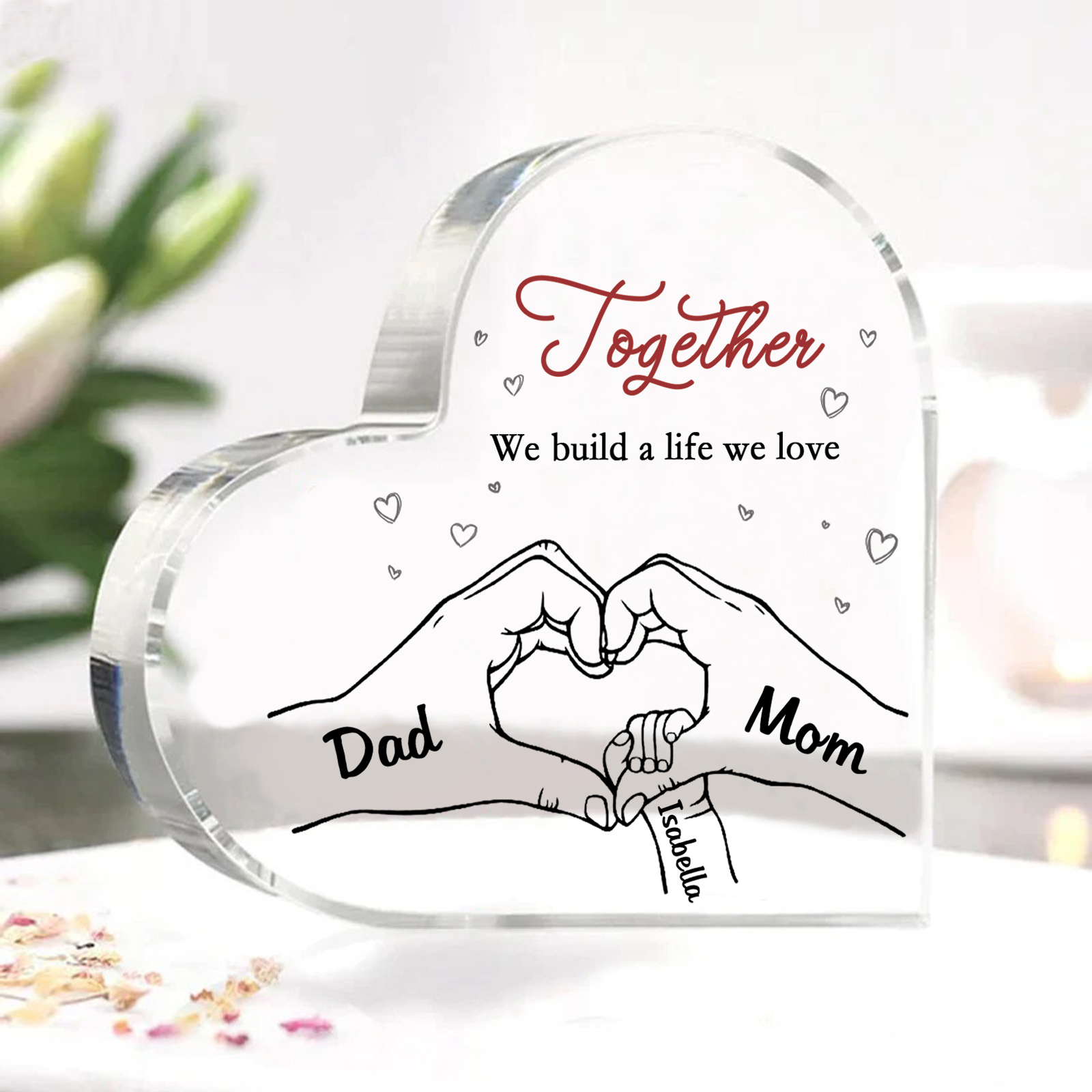 Personalized Family Heart Acrylic Plaque Custom with 3 Names Heart Hand Gift for Parents