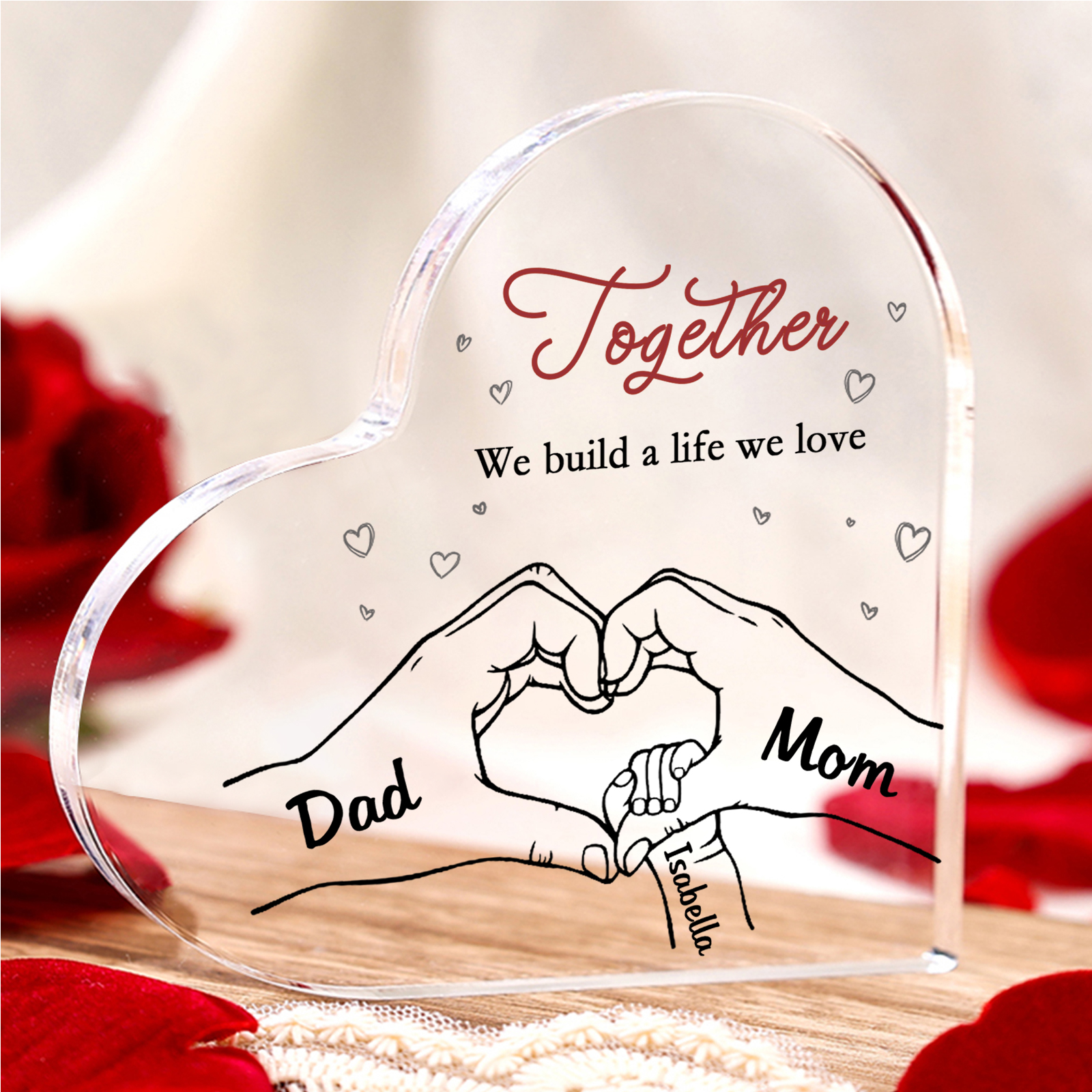 Personalized Family Heart Acrylic Plaque Custom with 3 Names Heart Hand Gift for Parents