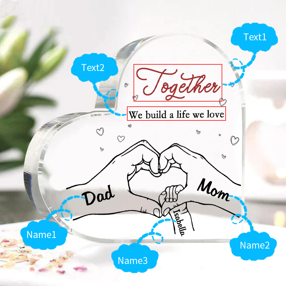 Personalized Family Heart Acrylic Plaque Custom with 3 Names Heart Hand Gift for Parents