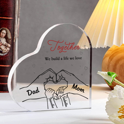 Personalized Family Heart Acrylic Plaque Custom with 4 Names Heart Hand Gift for Parents