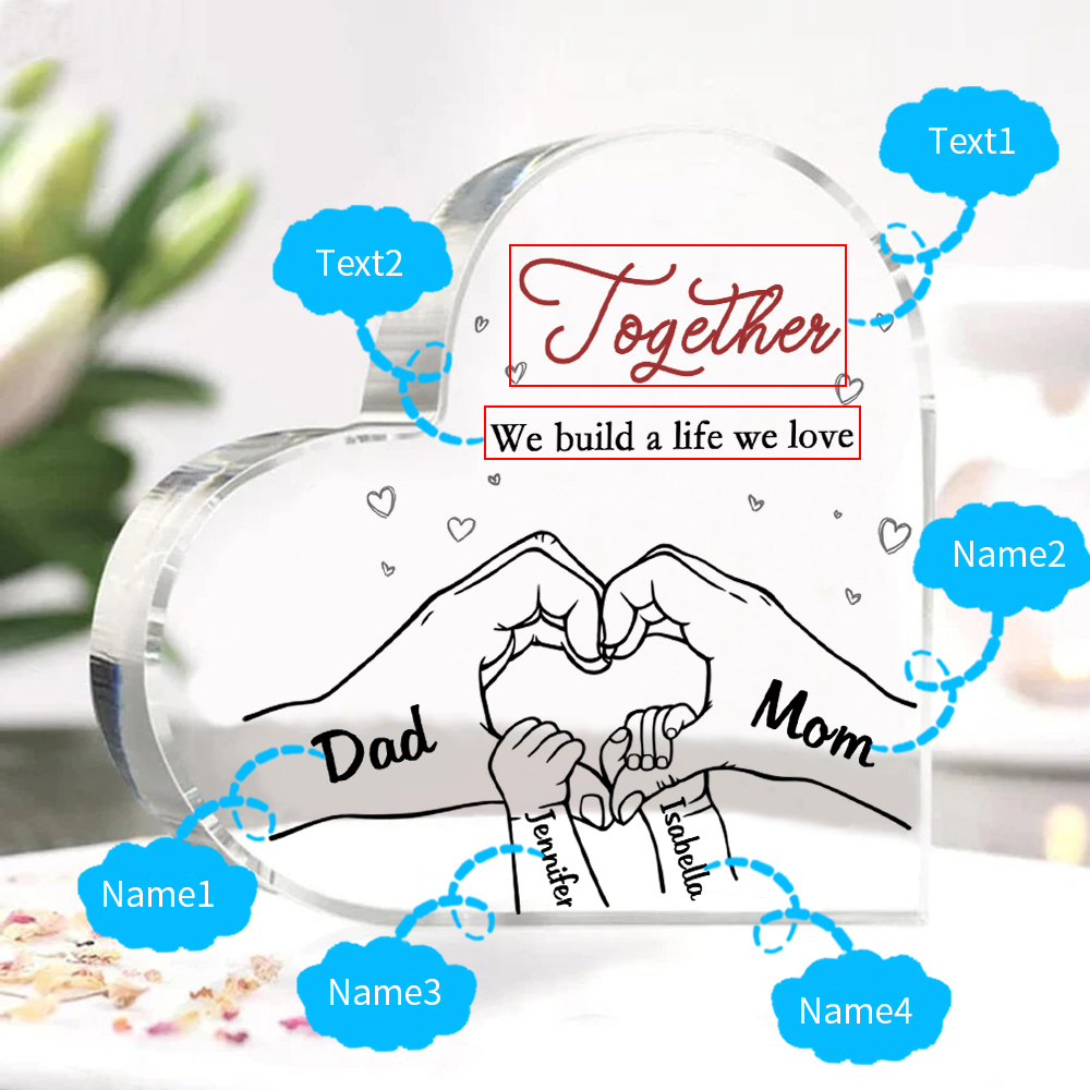 Personalized Family Heart Acrylic Plaque Custom with 4 Names Heart Hand Gift for Parents