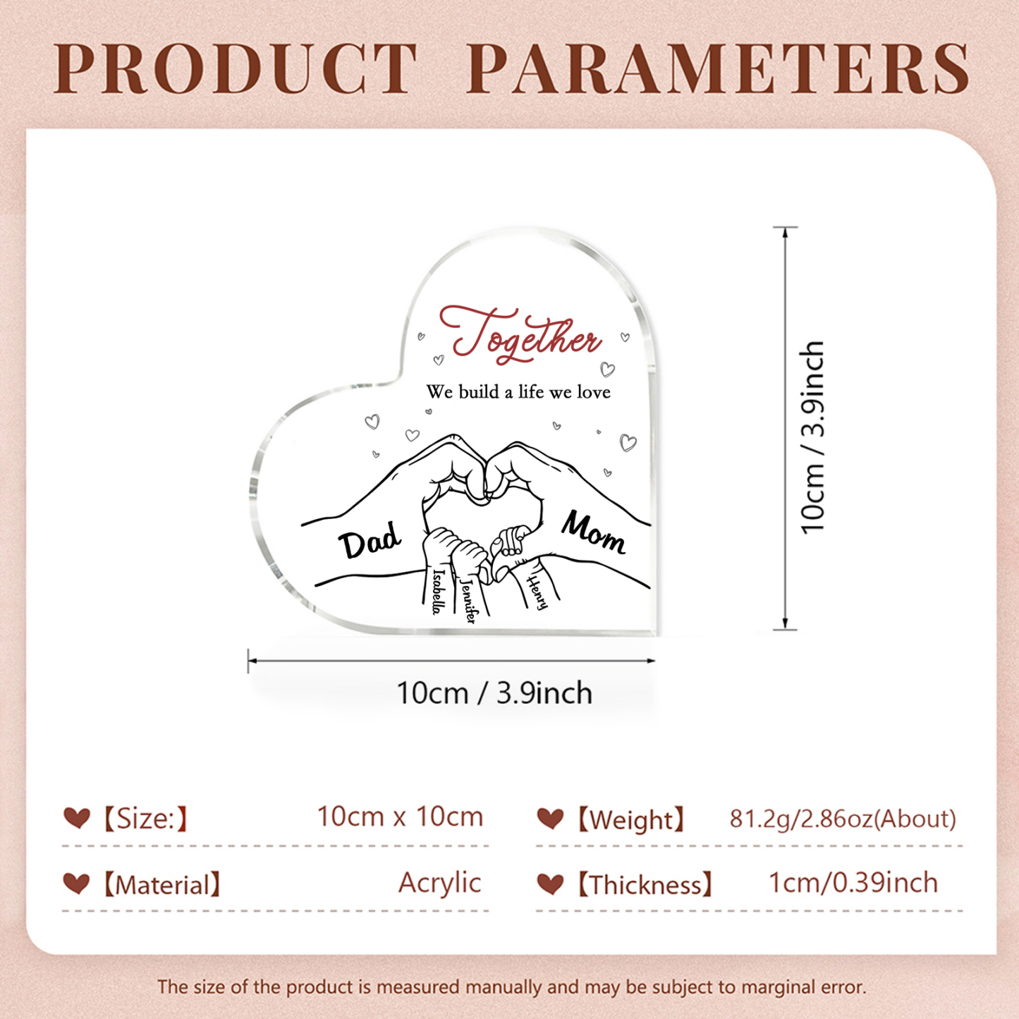 Personalized Family Heart Acrylic Plaque Custom with 5 Names Heart Hand Gift for Parents