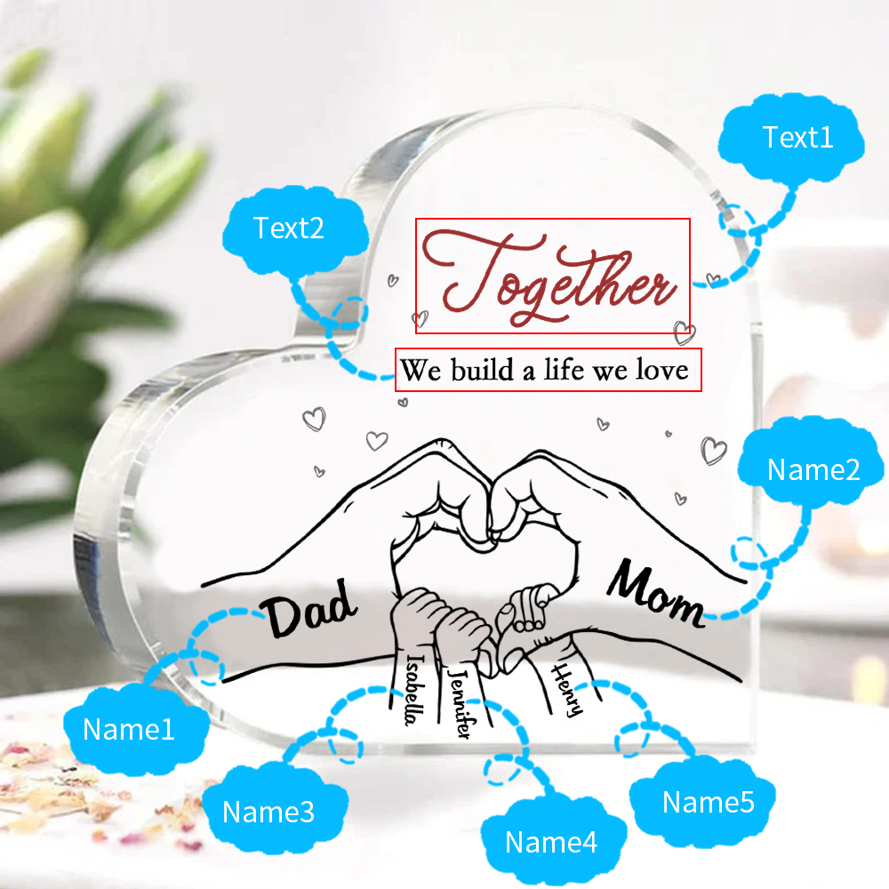 Personalized Family Heart Acrylic Plaque Custom with 5 Names Heart Hand Gift for Parents