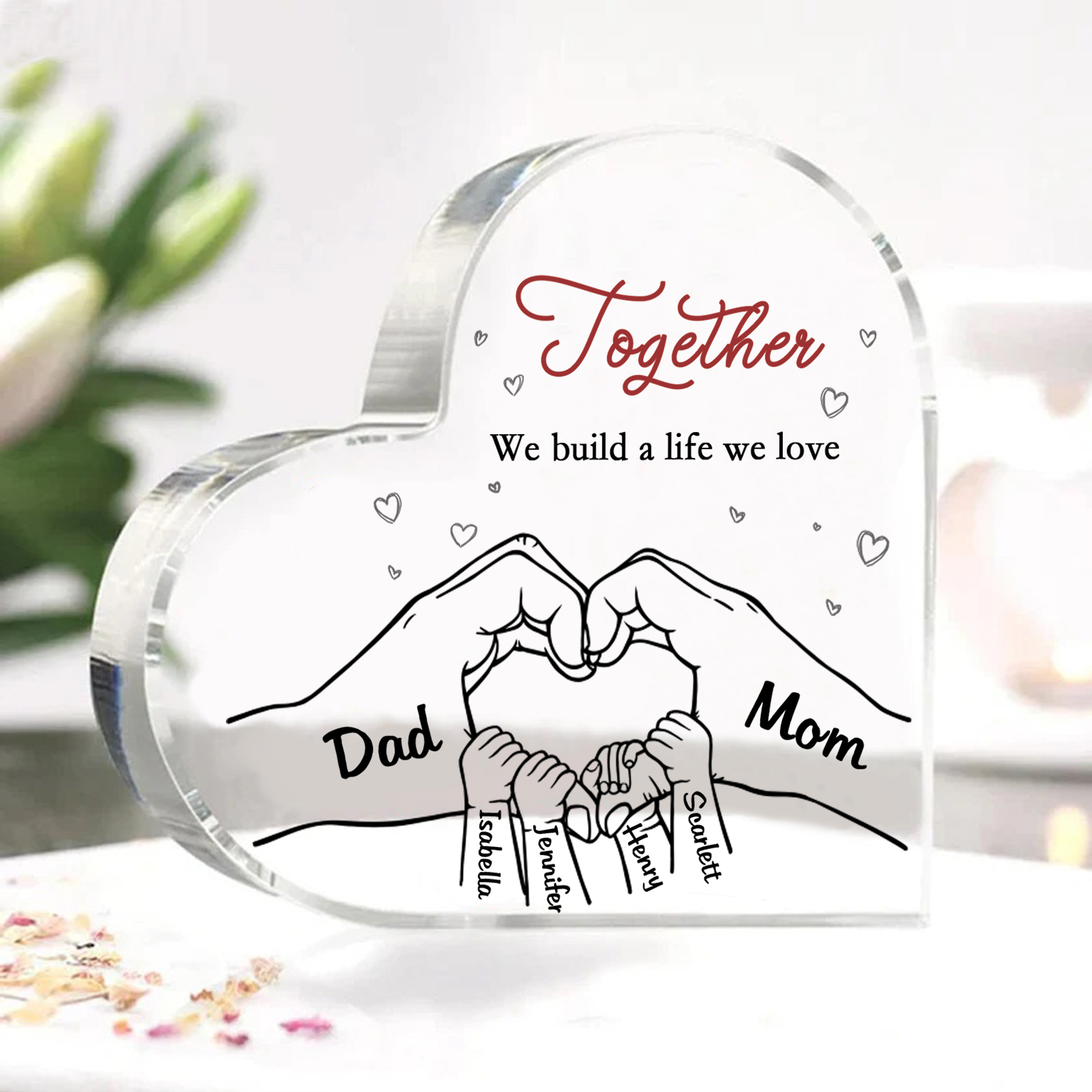 Personalized Family Heart Acrylic Plaque Custom with 6 Names Heart Hand Gift for Parents