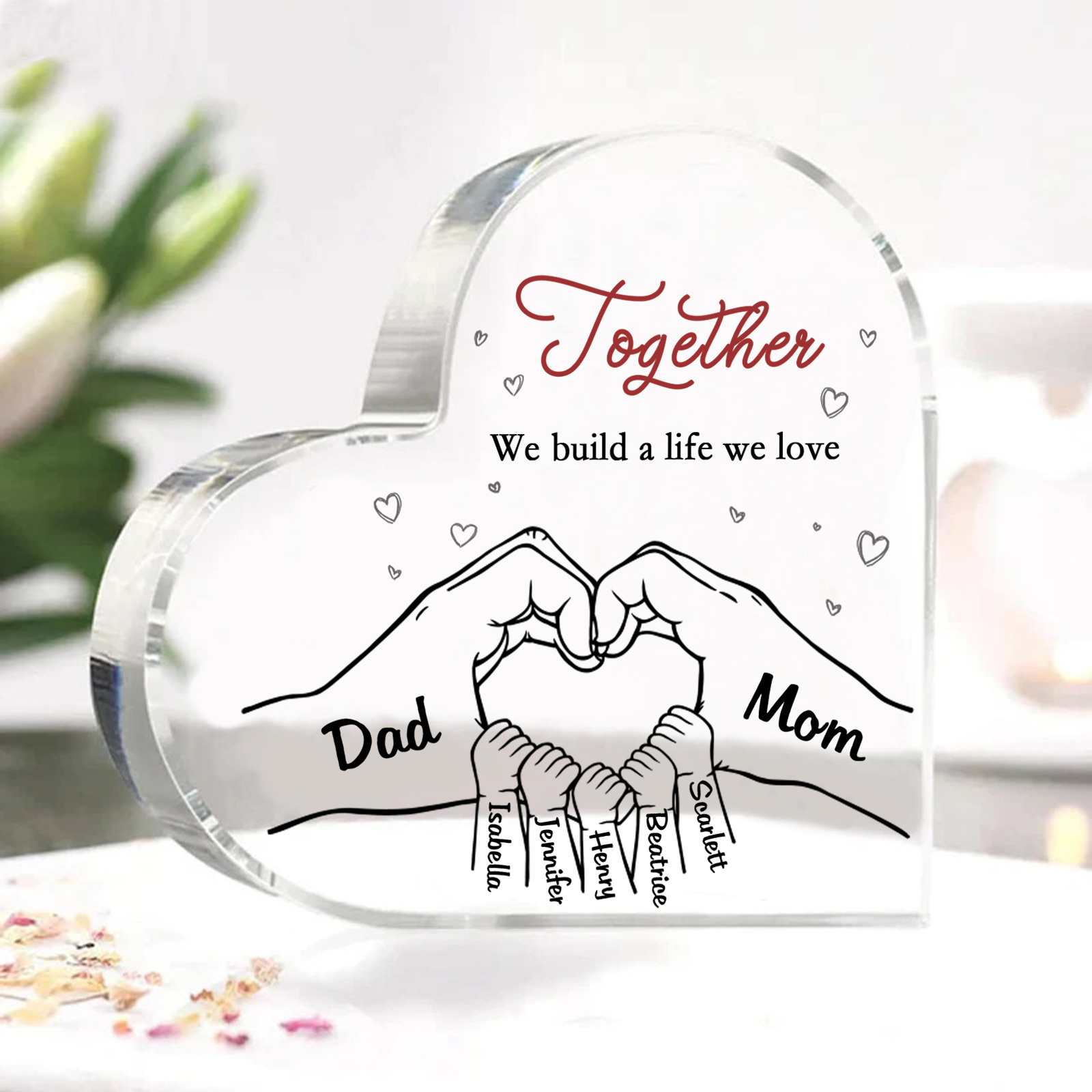 Personalized Family Heart Acrylic Plaque Custom with 7 Names Heart Hand Gift for Parents