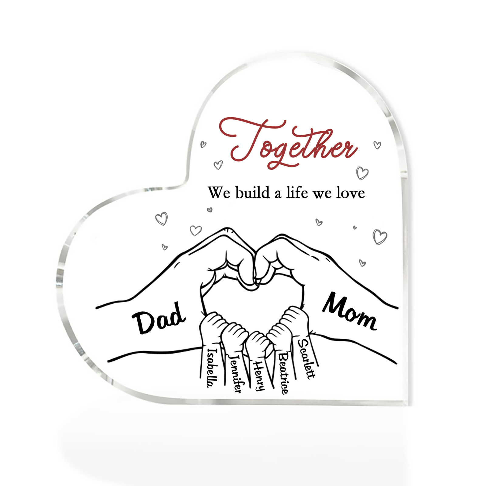 Personalized Family Heart Acrylic Plaque Custom with 7 Names Heart Hand Gift for Parents