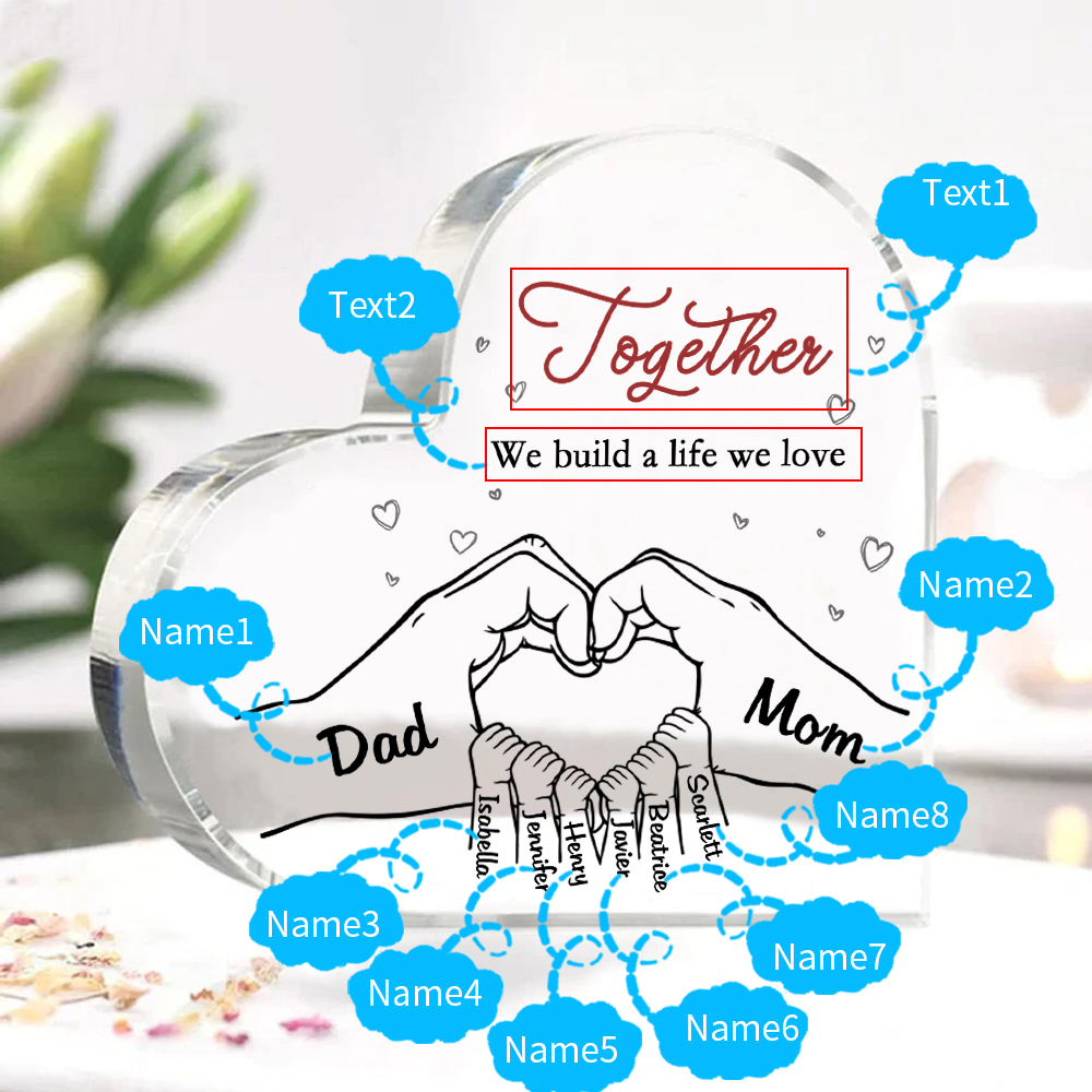 Personalized Family Heart Acrylic Plaque Custom with 8 Names Heart Hand Gift for Parents