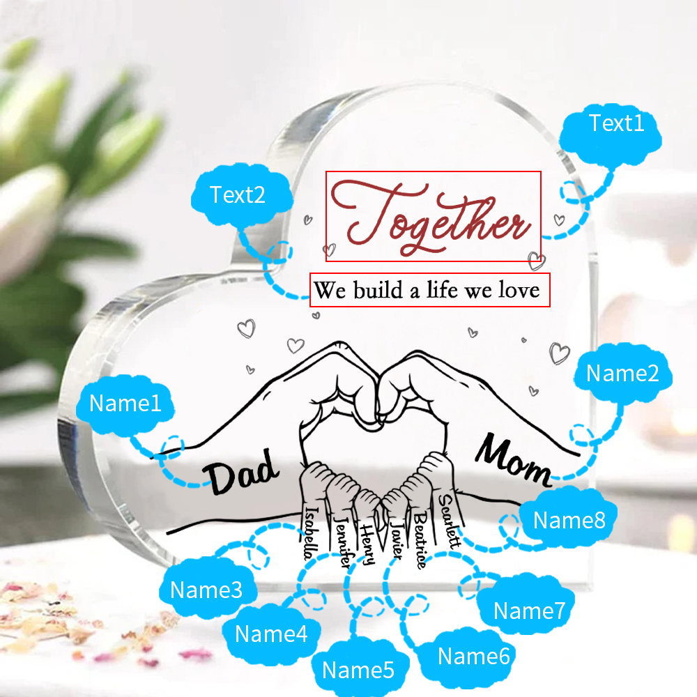Personalized Family Heart Acrylic Plaque Custom with 8 Names Heart Hand Gift for Parents