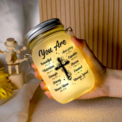 Personalized Birth Flower Mason Jar Light Custom Name Bottle Gifts for Her - You Are Beautiful Victorious Enough Strong Never Alone