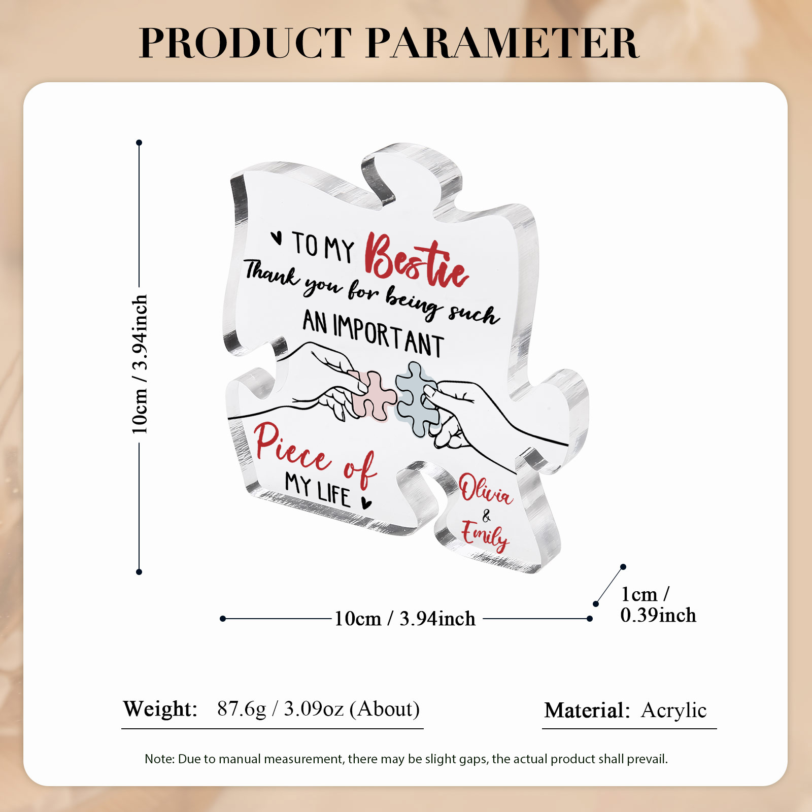 To My Bestie Puzzle Acrylic Plaque Custom 2 Names Thank You For Being An Important Piece Of My Life Gift for Sister Bestie Friend