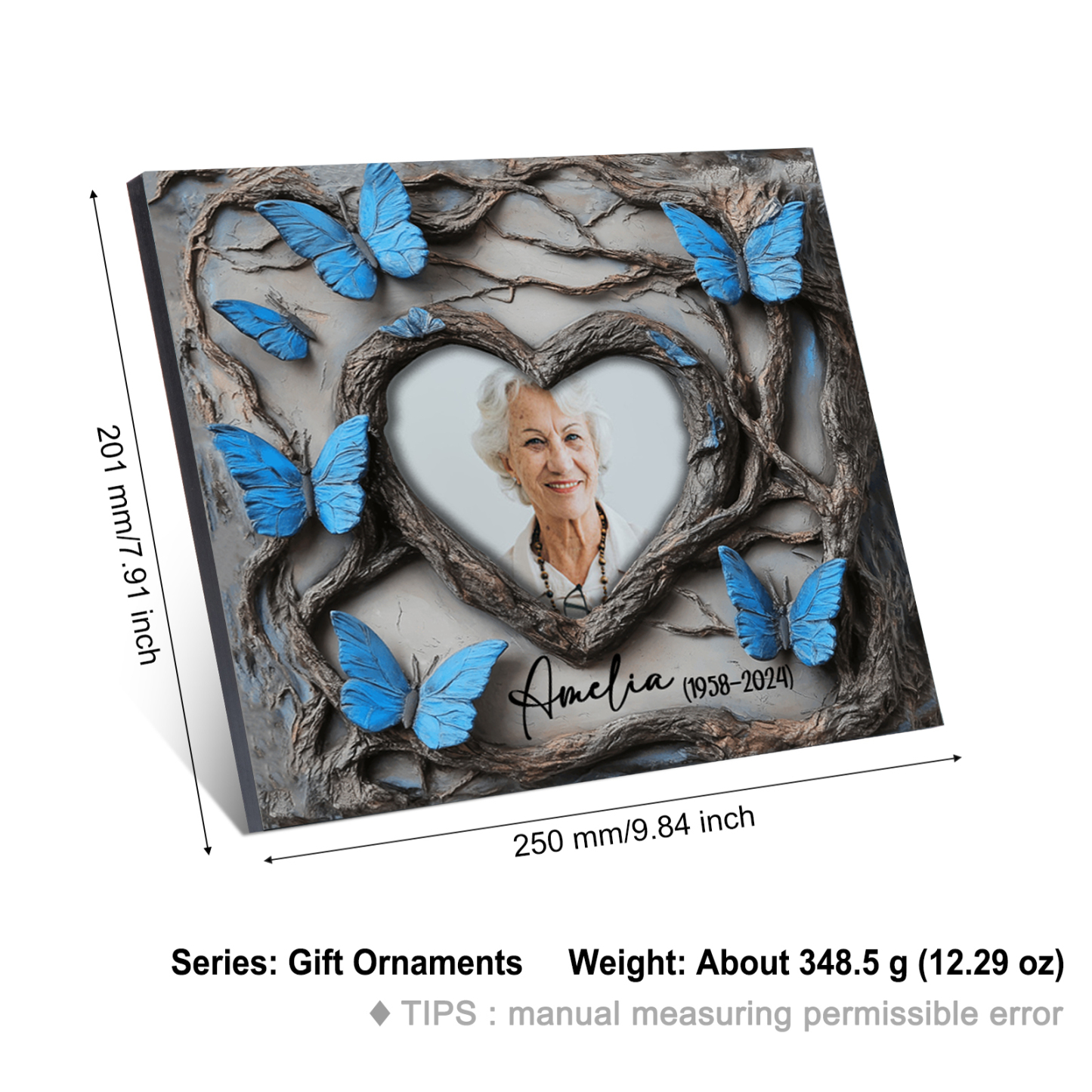 Commemorative Photo Frame with Elegant Blue Butterfly Design