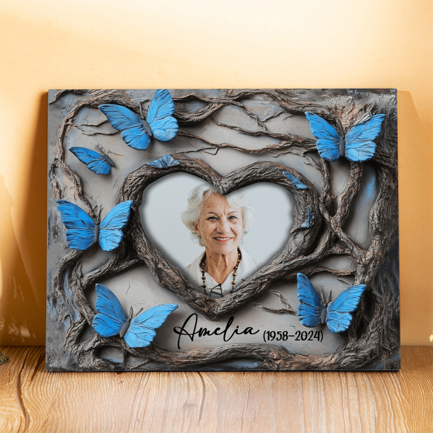 Commemorative Photo Frame with Elegant Blue Butterfly Design