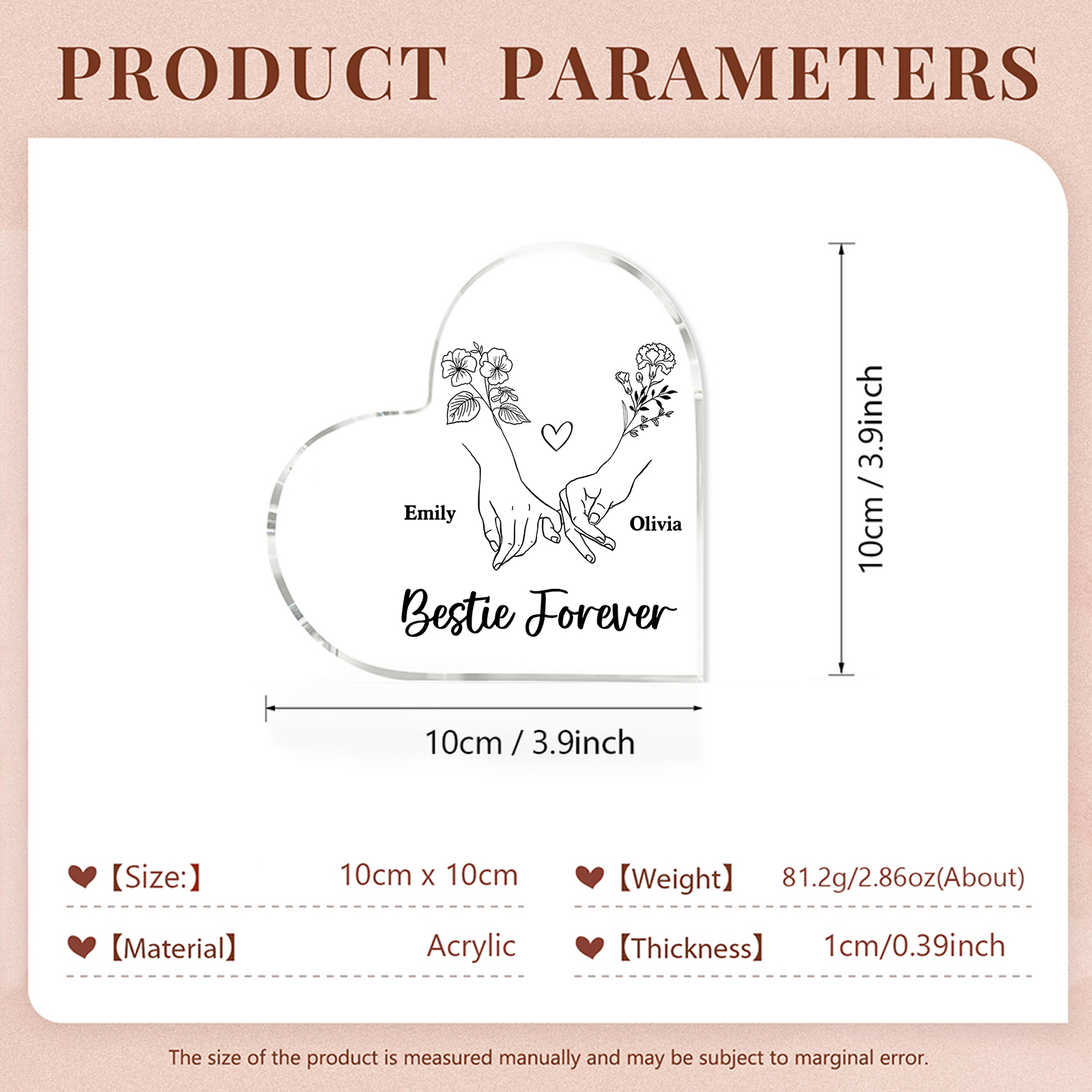 Personalized Heart Acrylic Plaque Custom 2 Names 2 Birth Flowers Gift for Sister Bestie Friend