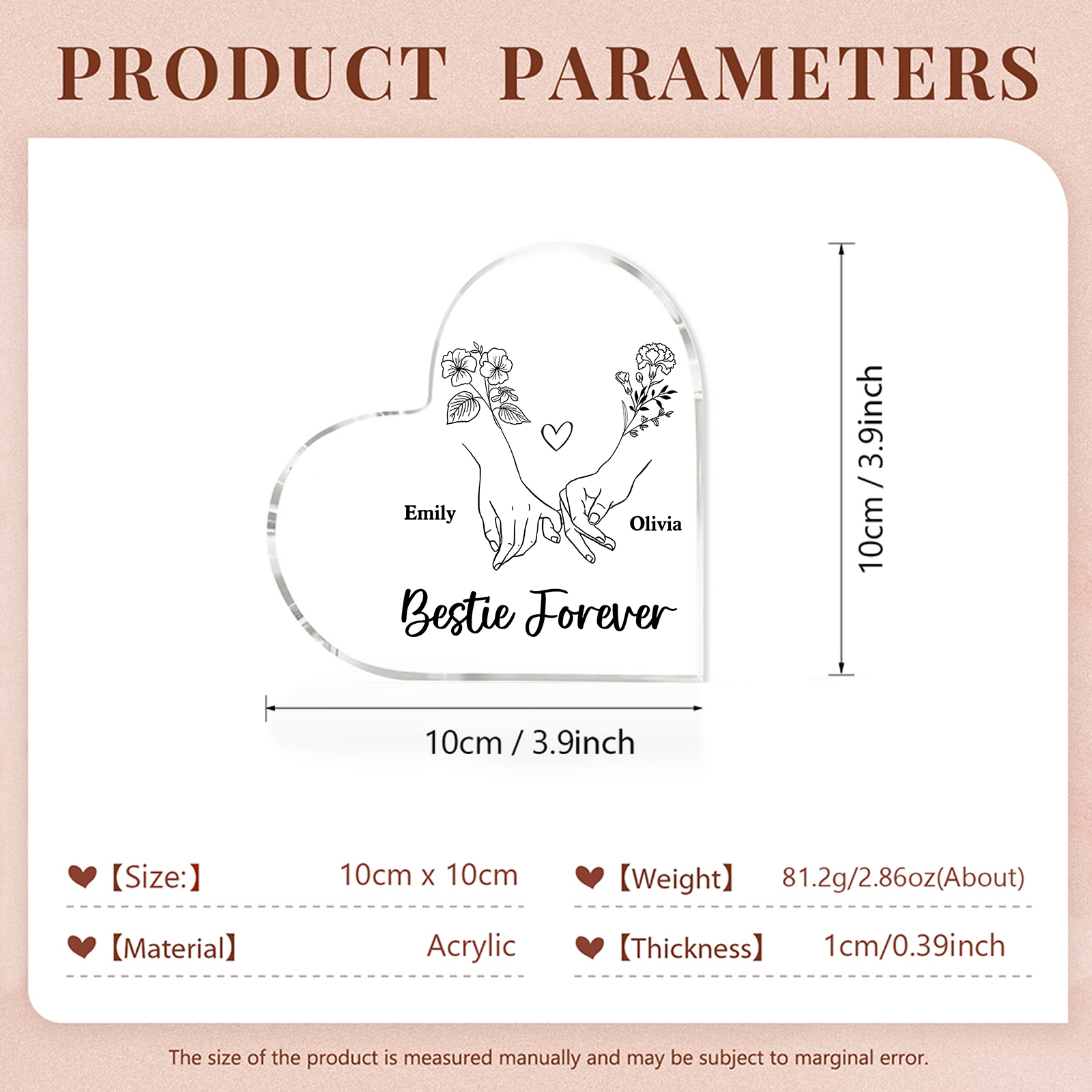 Personalized Heart Acrylic Plaque Custom 2 Names 2 Birth Flowers Gift for Sister Bestie Friend