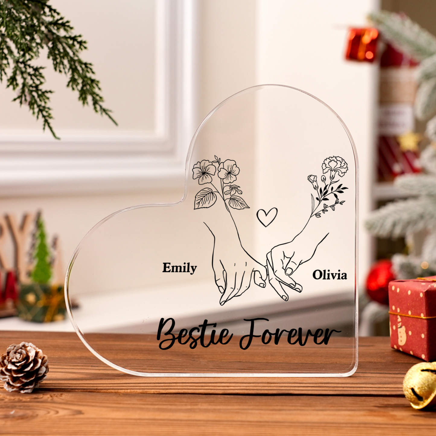 Personalized Heart Acrylic Plaque Custom 2 Names 2 Birth Flowers Gift for Sister Bestie Friend