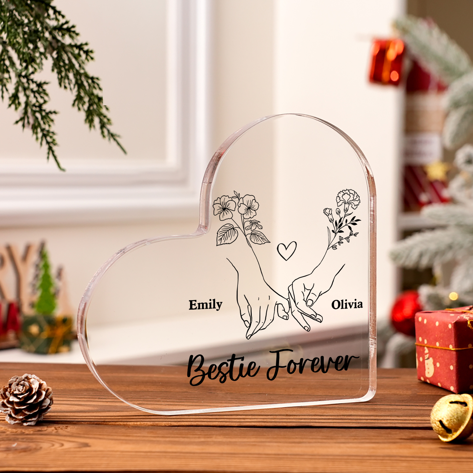 Personalized Heart Acrylic Plaque Custom 2 Names 2 Birth Flowers Gift for Sister Bestie Friend