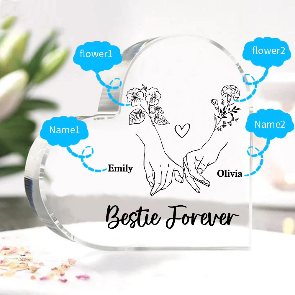 Personalized Heart Acrylic Plaque Custom 2 Names 2 Birth Flowers Gift for Sister Bestie Friend
