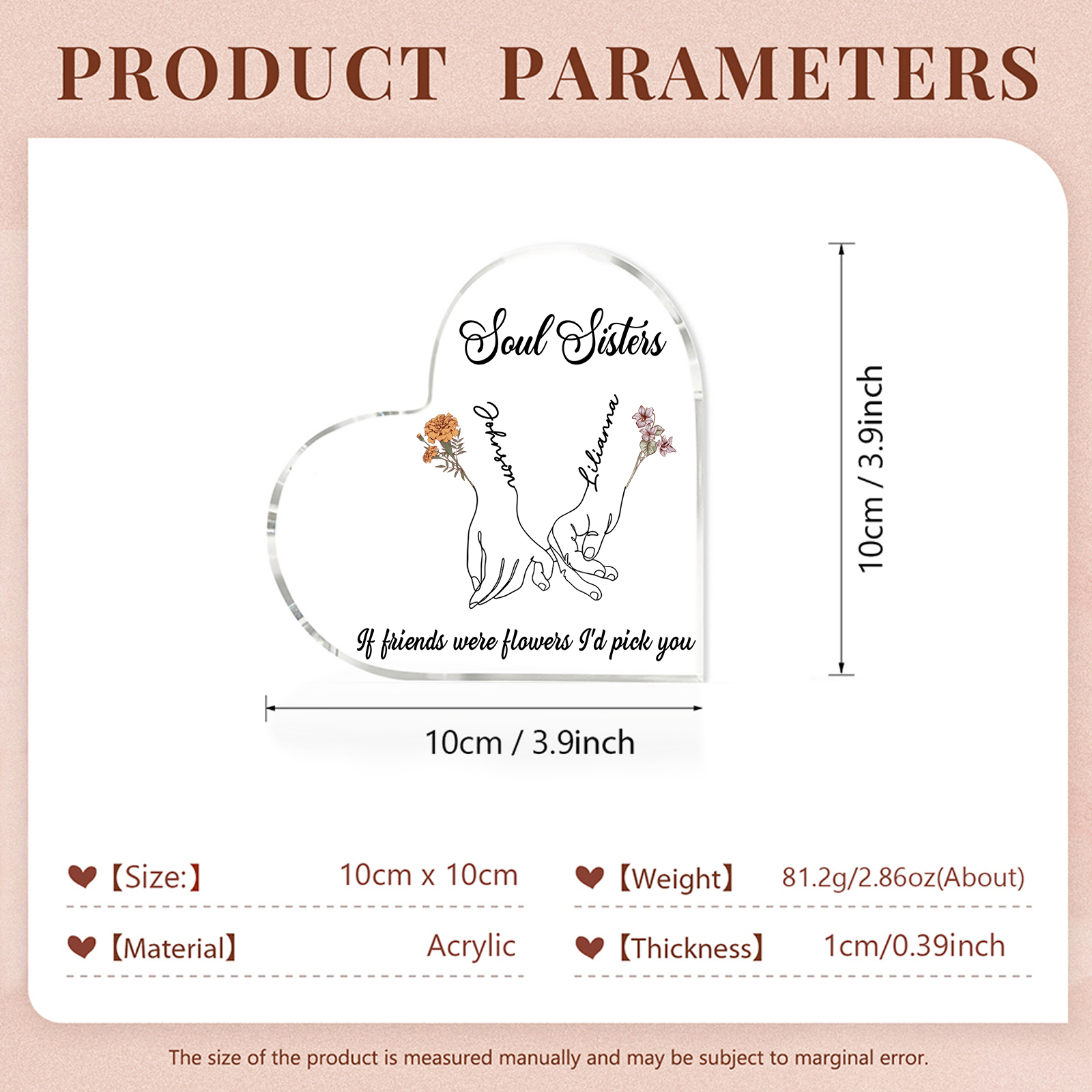 Personalized Heart Acrylic Plaque Custom 2 Names 2 Birth Flowers Gift for Soul Sister Bestie Friend