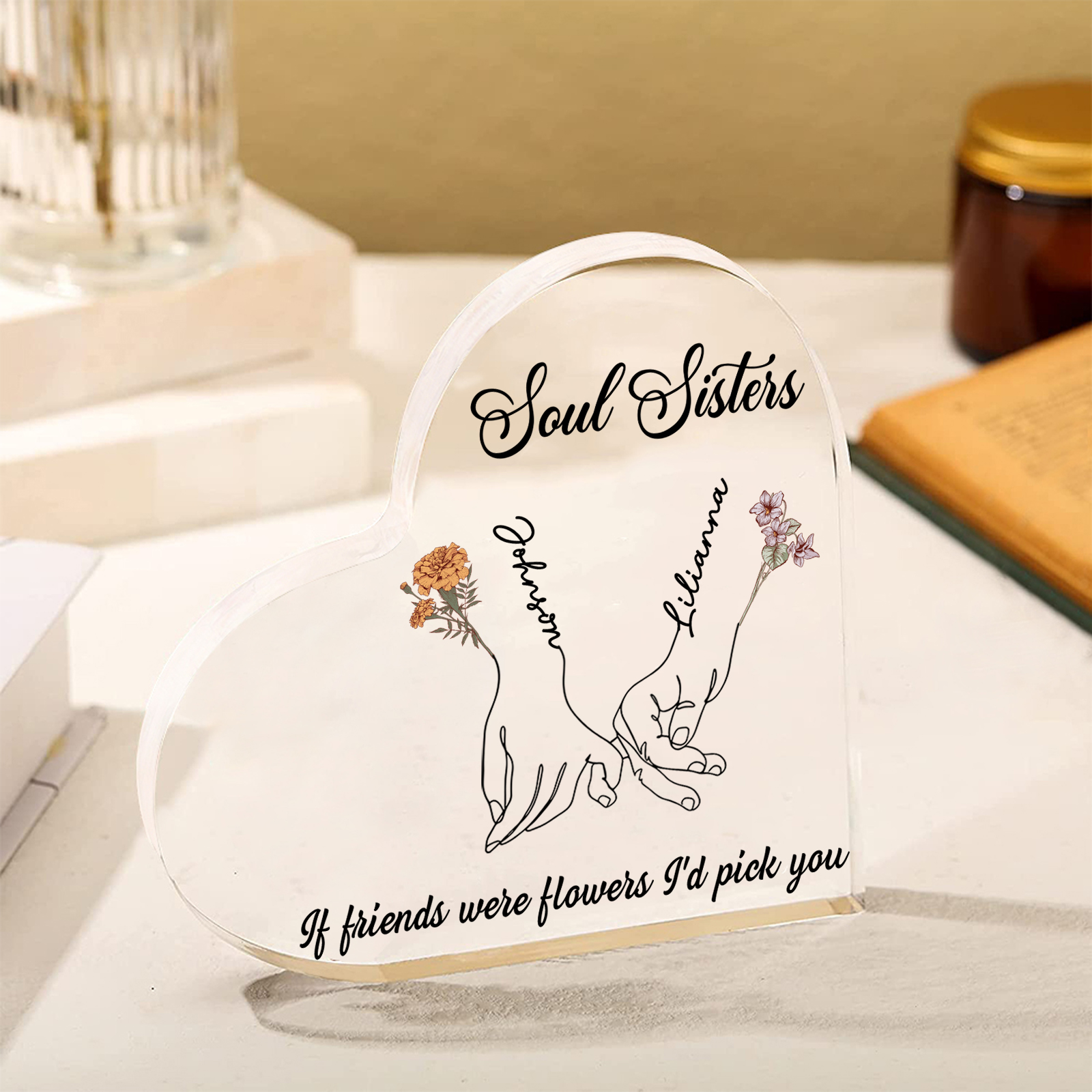 Personalized Heart Acrylic Plaque Custom 2 Names 2 Birth Flowers Gift for Soul Sister Bestie Friend