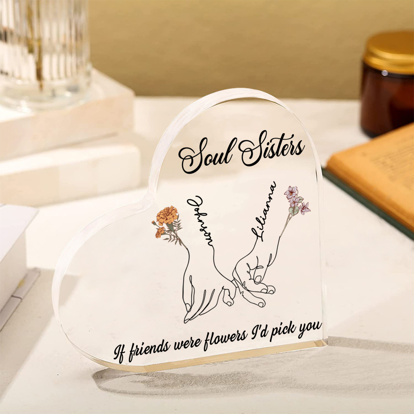 Personalized Heart Acrylic Plaque Custom 2 Names 2 Birth Flowers Gift for Soul Sister Bestie Friend