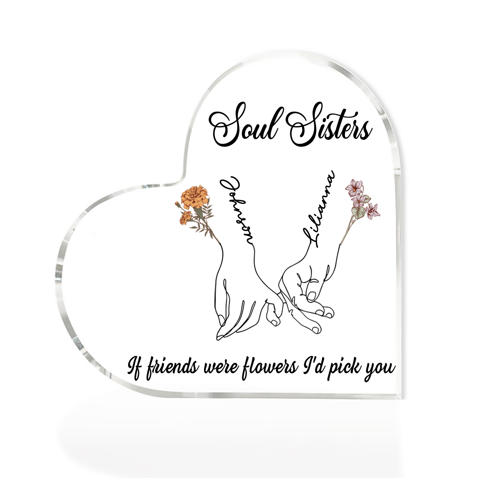 Personalized Heart Acrylic Plaque Custom 2 Names 2 Birth Flowers Gift for Soul Sister Bestie Friend