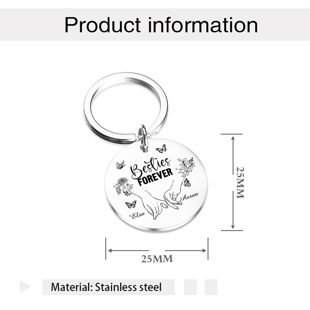 Pinky Swear Personalized Round Keychain Custom with Text 2 Names 2 Birth Flower Butterfly Keyring Gift For Friend Sister Bestie