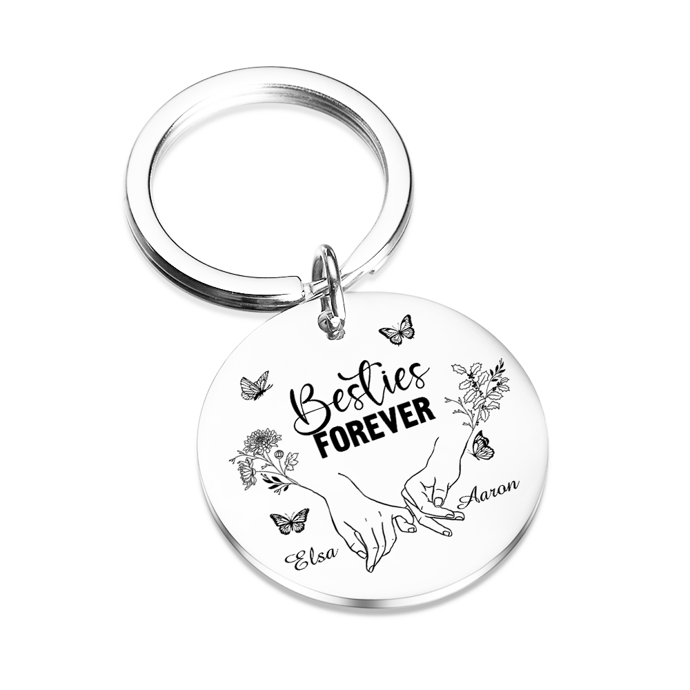 Pinky Swear Personalized Round Keychain Custom with Text 2 Names 2 Birth Flower Butterfly Keyring Gift For Friend Sister Bestie