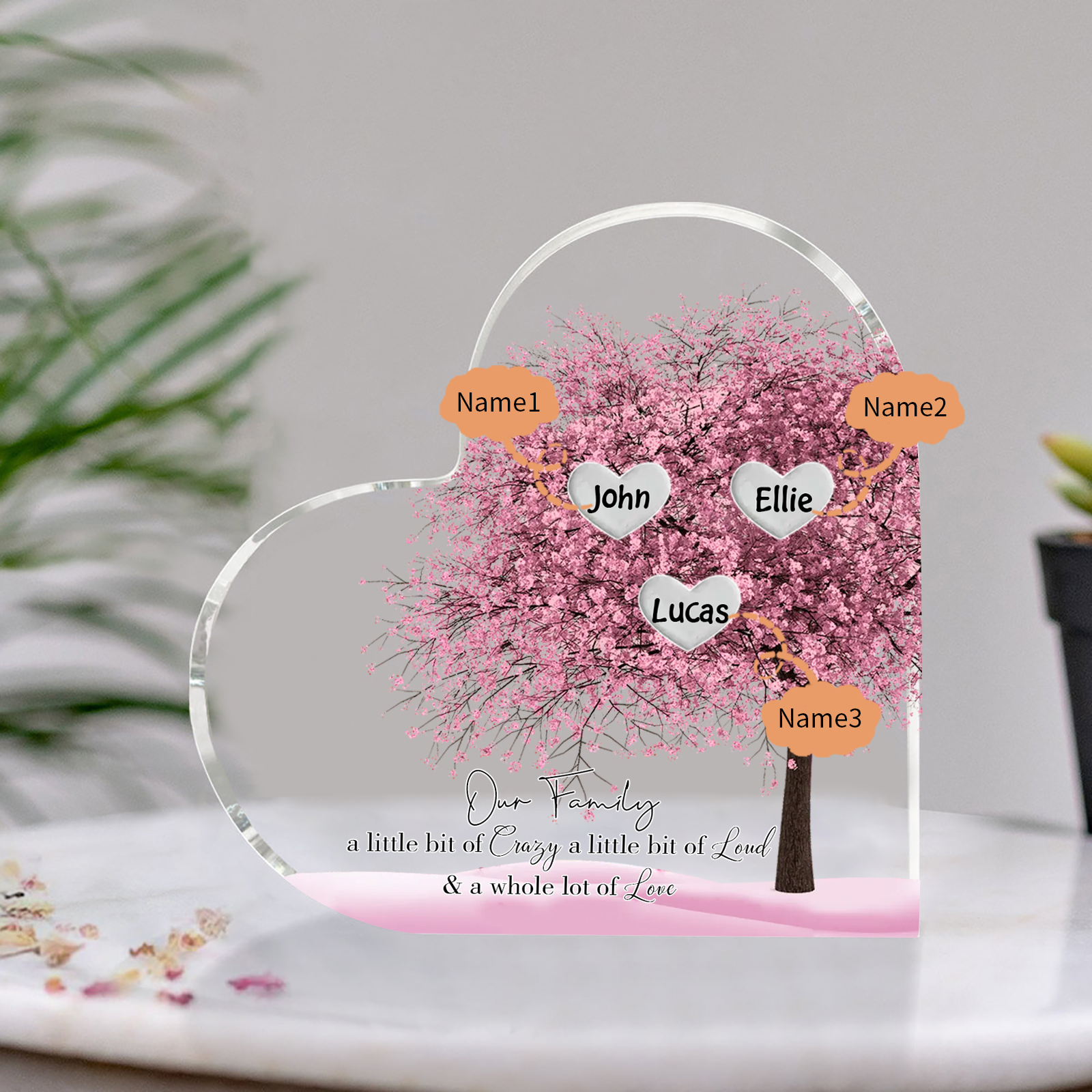 Personalised Pink Family Tree Acrylic Heart Plaque Custom 1–10 Names Ornament Christmas Gifts for Dad/Mum