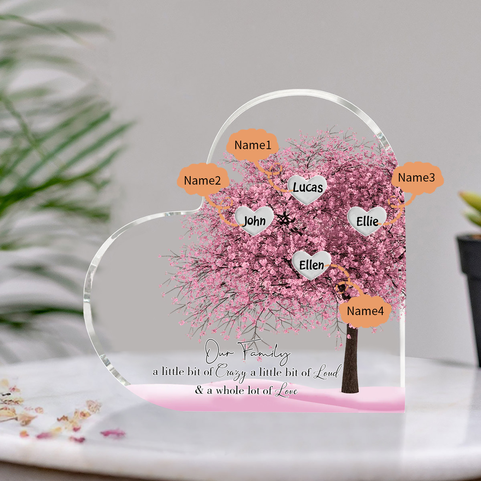 Personalised Pink Family Tree Acrylic Heart Plaque Custom 1–10 Names Ornament Christmas Gifts for Dad/Mum