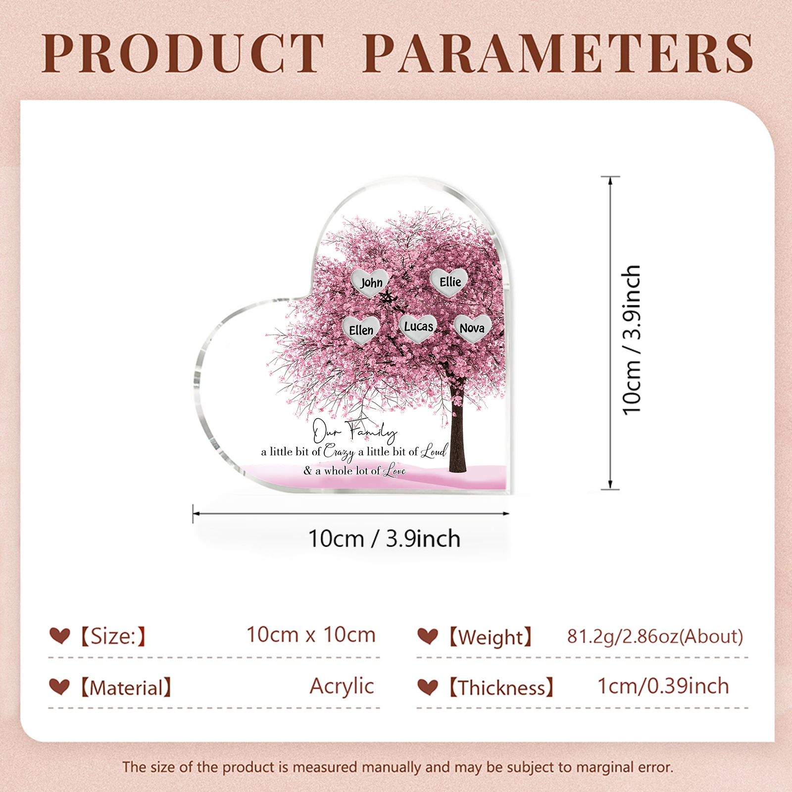 Personalised Pink Family Tree Acrylic Heart Plaque Custom 1–10 Names Ornament Christmas Gifts for Dad/Mum