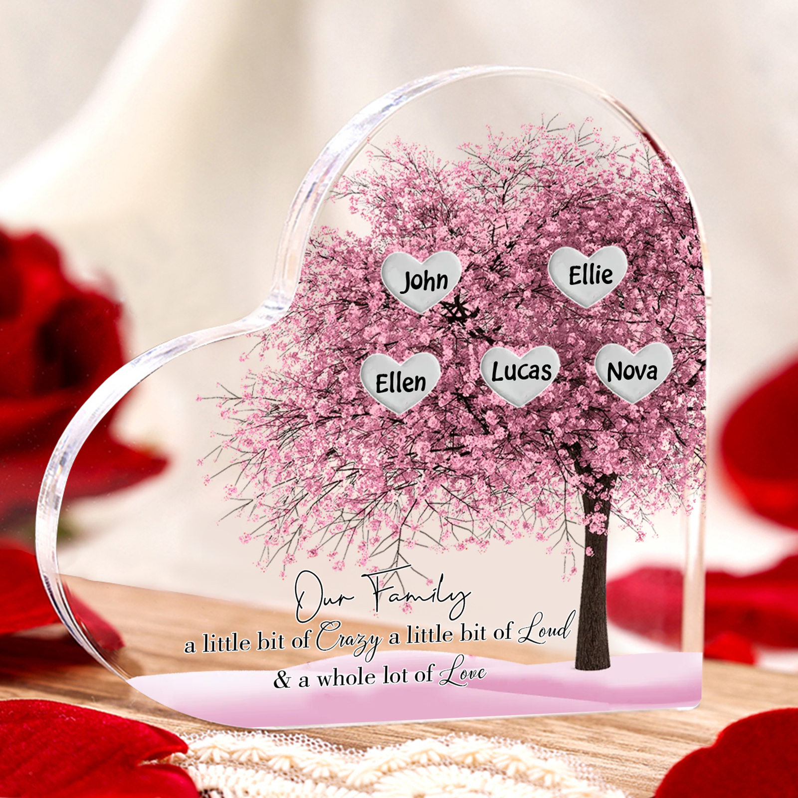 Personalised Pink Family Tree Acrylic Heart Plaque Custom 1–10 Names Ornament Christmas Gifts for Dad/Mum