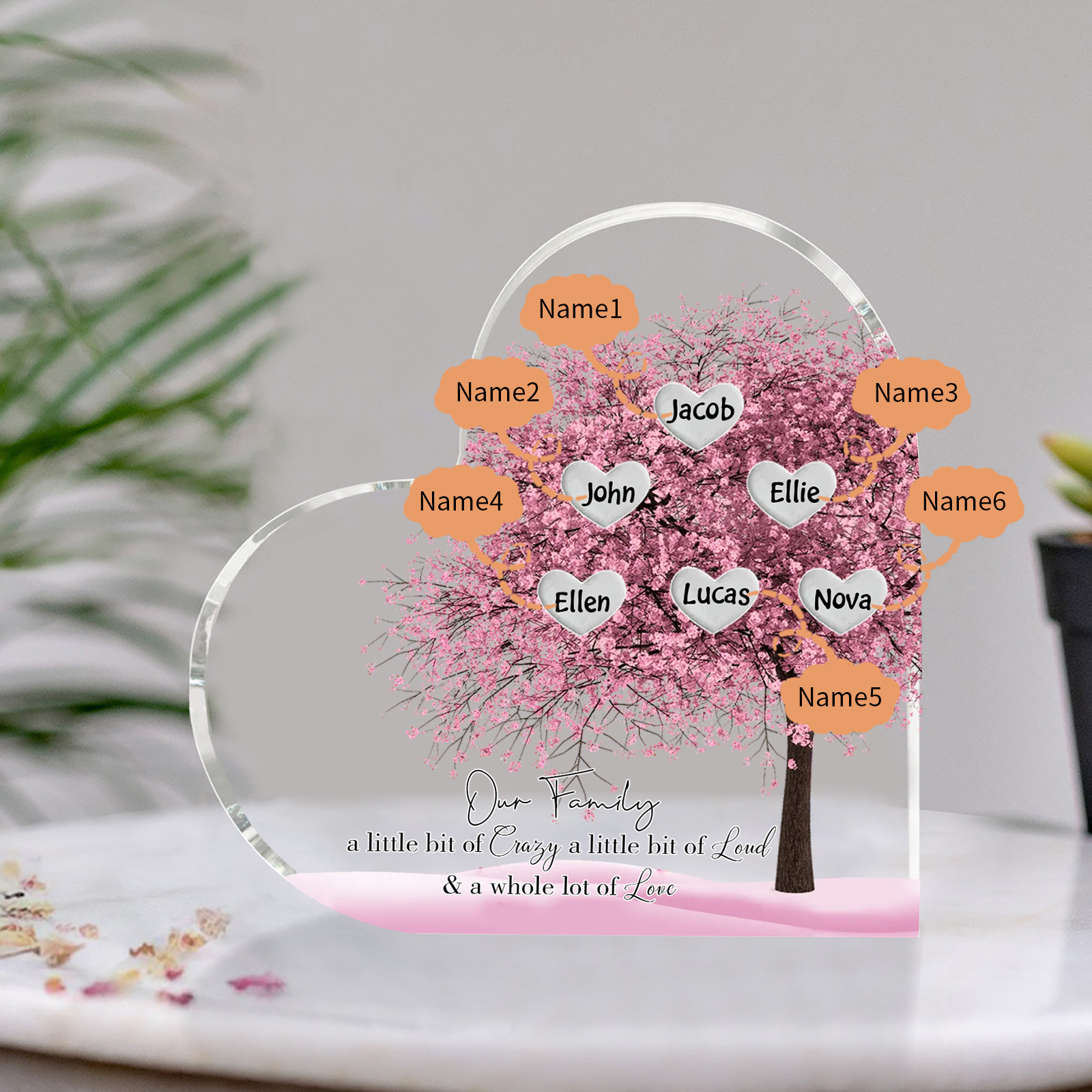 Personalised Pink Family Tree Acrylic Heart Plaque Custom 1–10 Names Ornament Christmas Gifts for Dad/Mum
