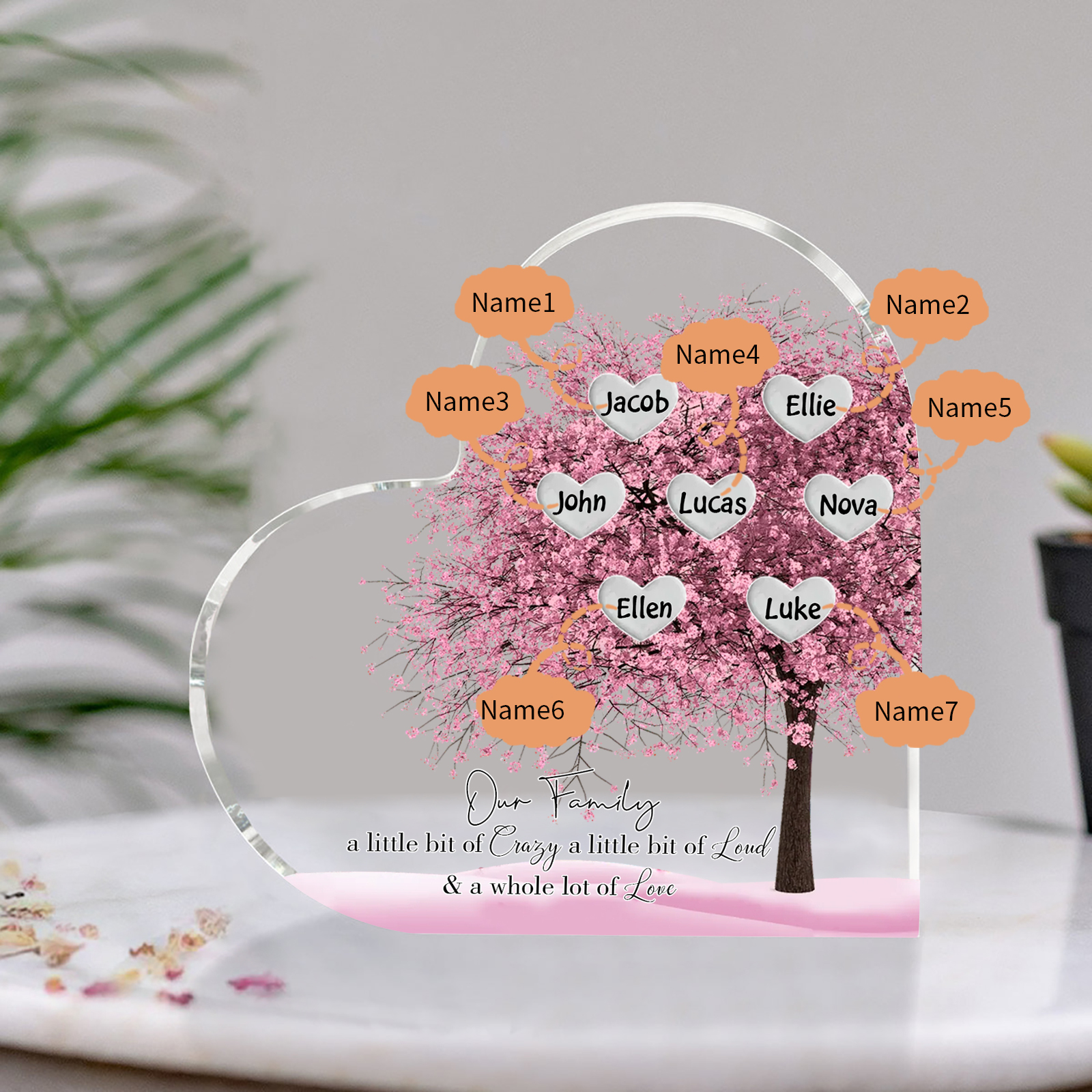Personalised Pink Family Tree Acrylic Heart Plaque Custom 1–10 Names Ornament Christmas Gifts for Dad/Mum