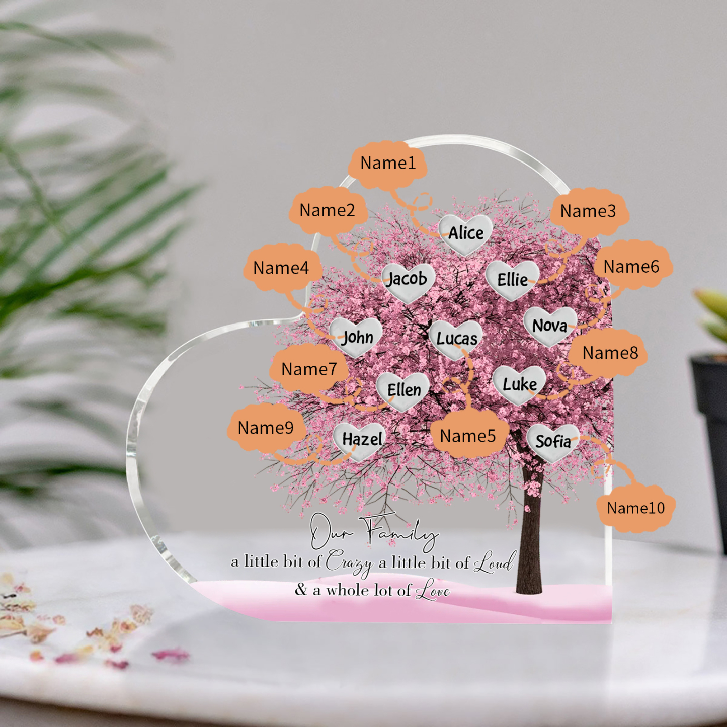 Personalised Pink Family Tree Acrylic Heart Plaque Custom 1–10 Names Ornament Christmas Gifts for Dad/Mum