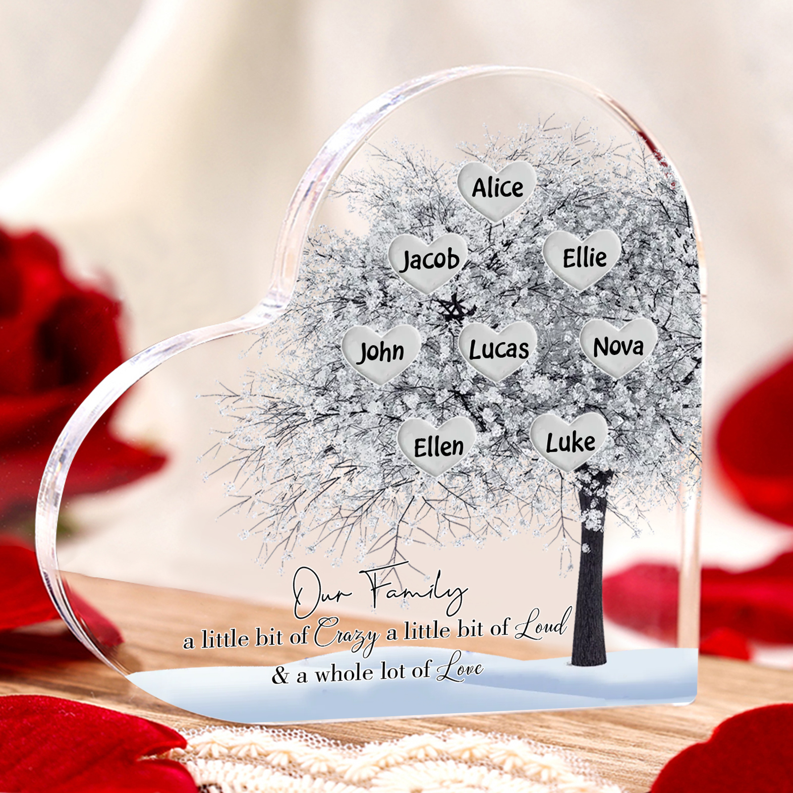 Personalised Silver Family Tree Acrylic Heart Plaque Custom 1–10 Names Ornament Christmas Gifts for Grandpa/Grandma
