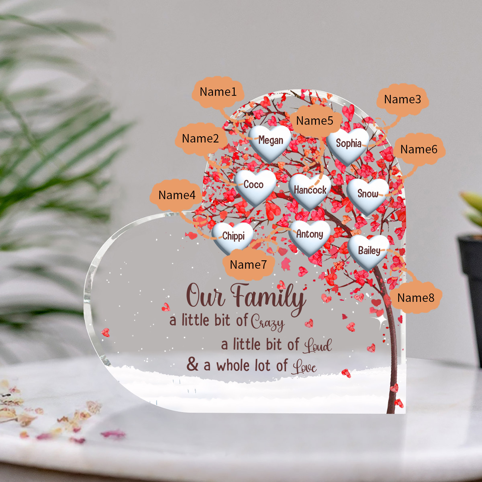 Family Tree Personalized Heart Acrylic Plaque with Custom 1-10 Names Heartfelt Gift