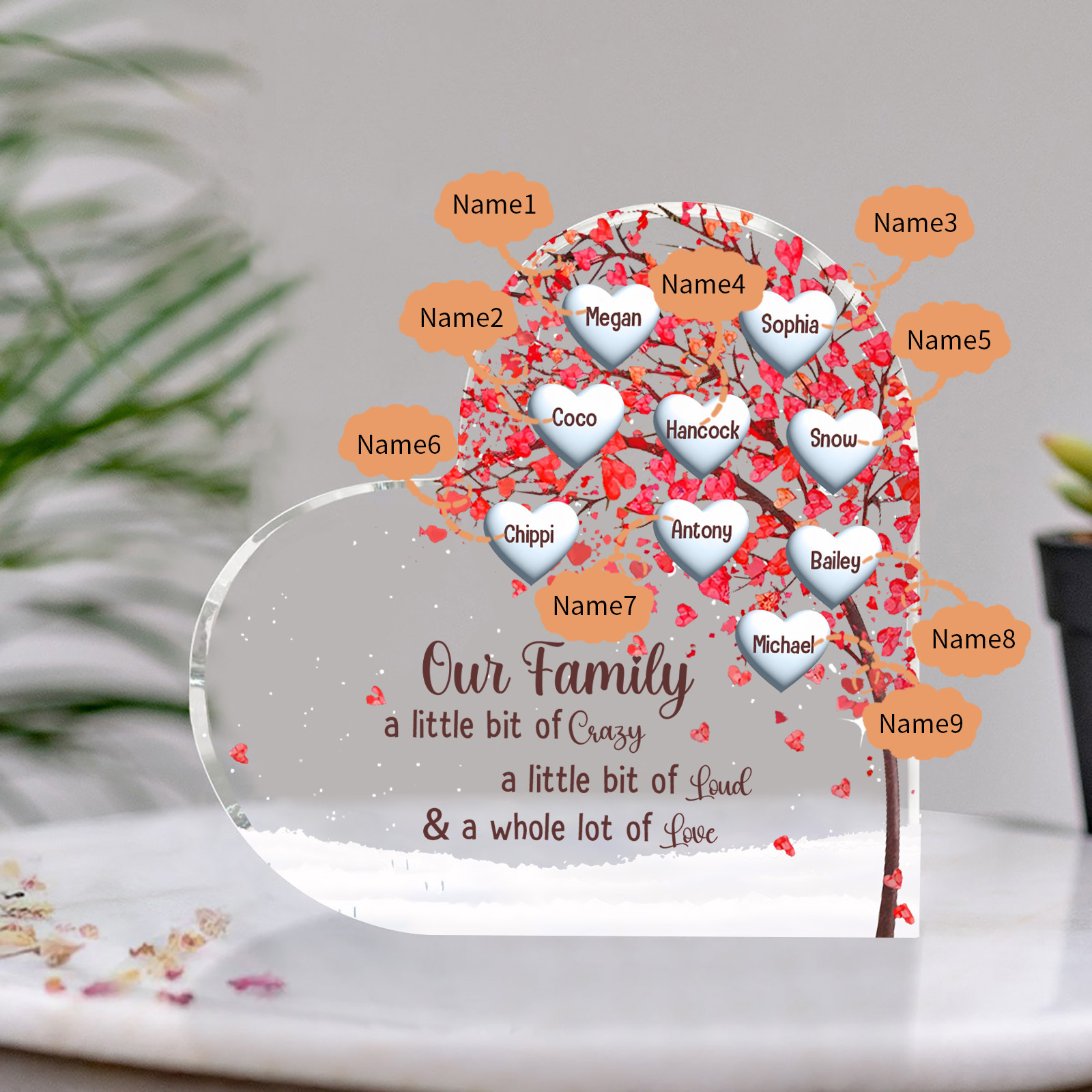 Family Tree Personalized Heart Acrylic Plaque with Custom 1-10 Names Heartfelt Gift