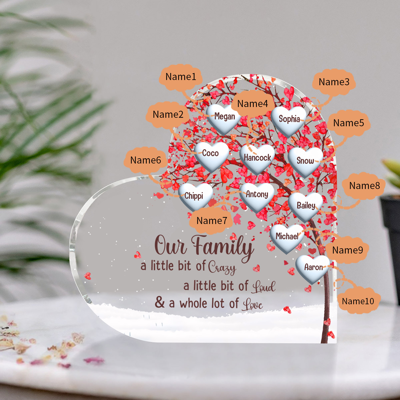 Family Tree Personalized Heart Acrylic Plaque with Custom 1-10 Names Heartfelt Gift