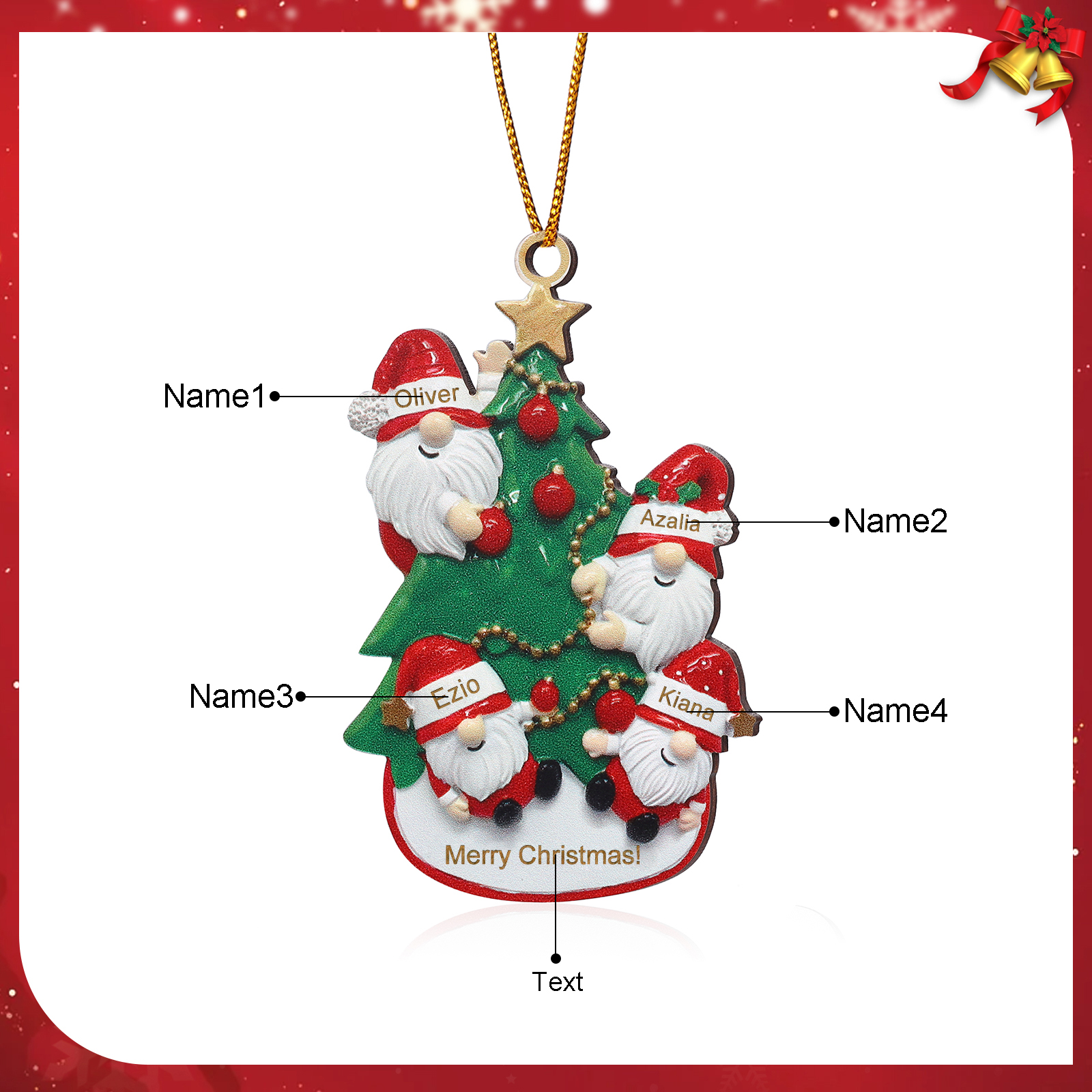 Personalized Gnome Christmas Ornament Custom 4 Names Family Gift for Christmas