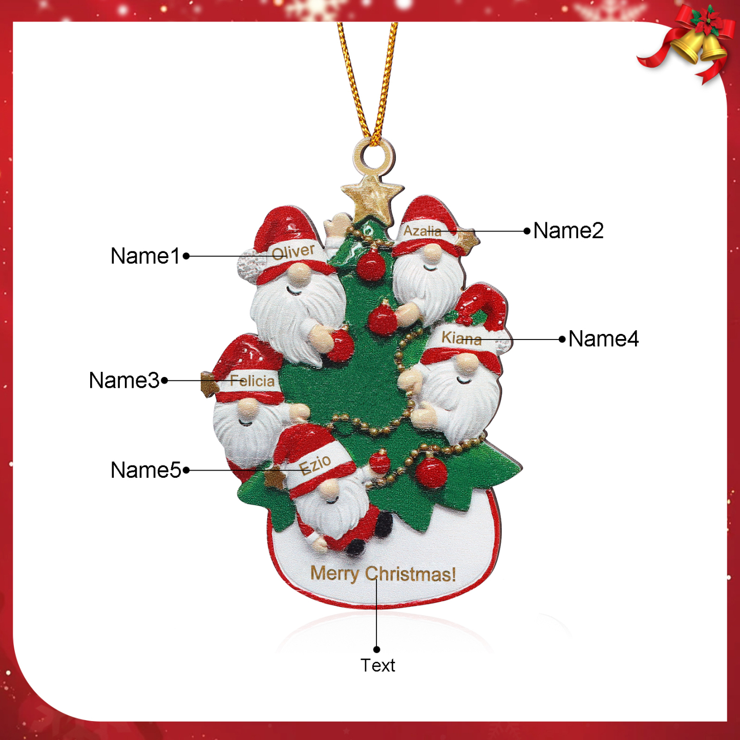 Personalized Gnome Christmas Ornament Custom 5 Names Family Gift for Christmas