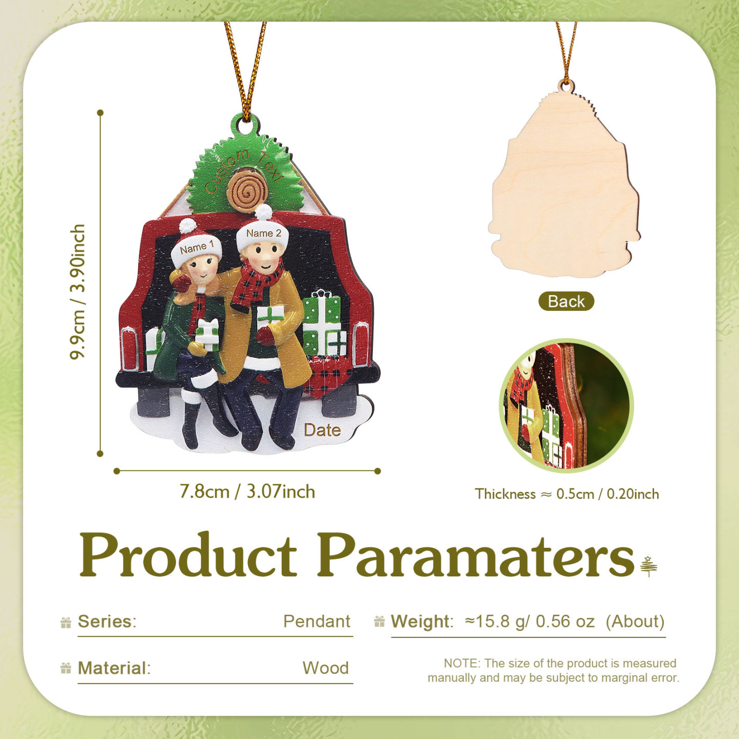 Custom Wooden Family Car Ornament Personalized Christmas Gift with 2 Names & Year