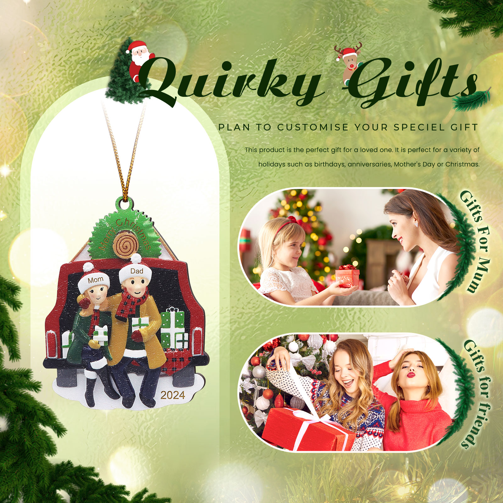 Custom Wooden Family Car Ornament Personalized Christmas Gift with 2 Names & Year