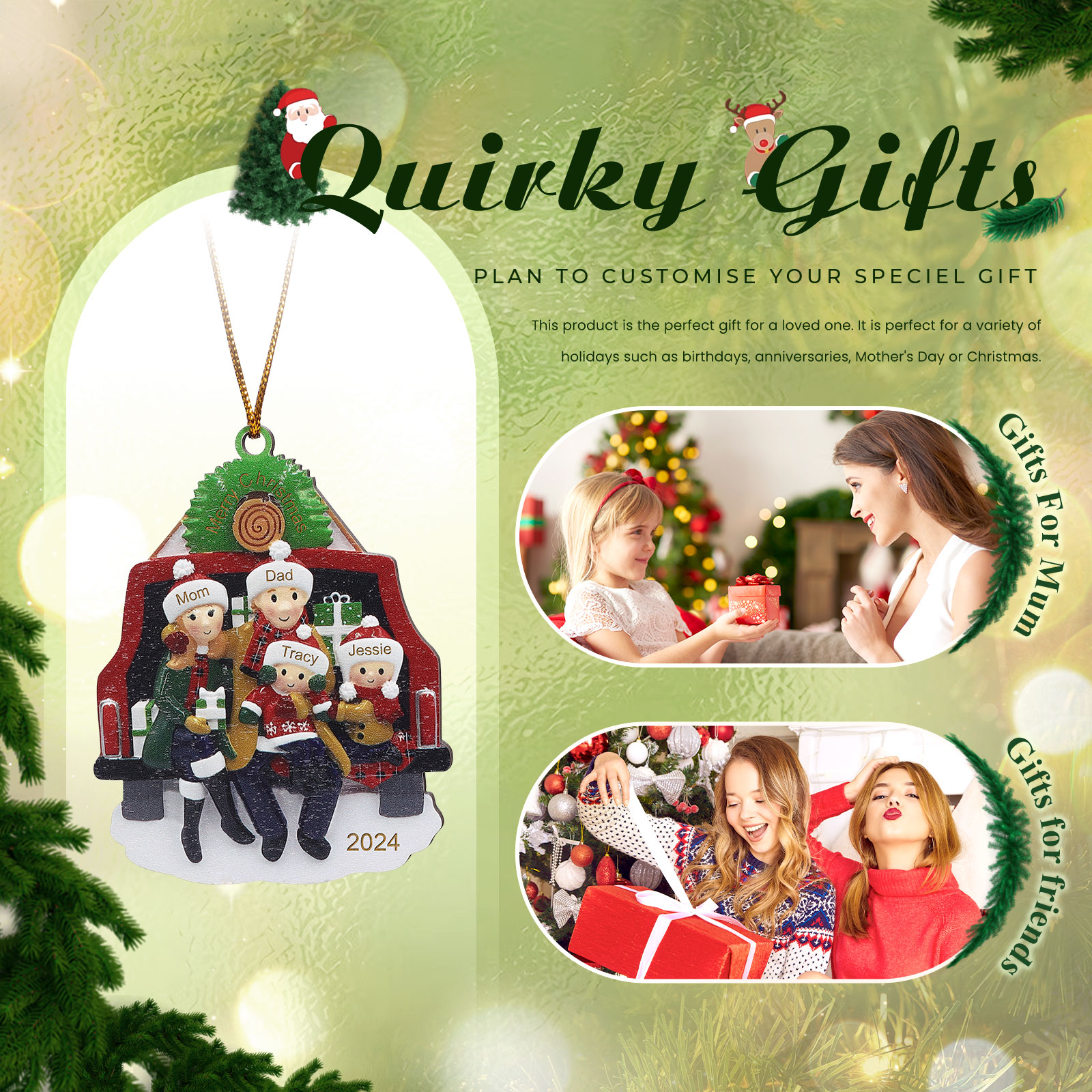 Custom Wooden Family Car Ornament Personalized Christmas Gift with 4 Names & Year