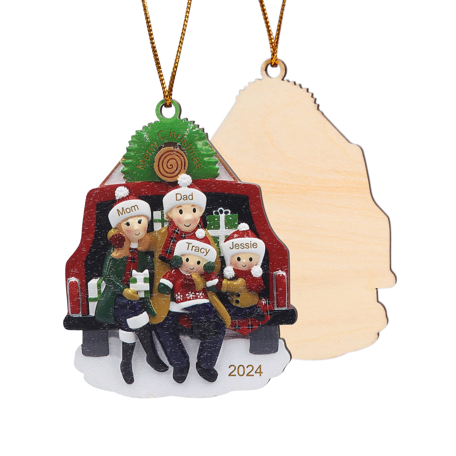 Custom Wooden Family Car Ornament Personalized Christmas Gift with 4 Names & Year