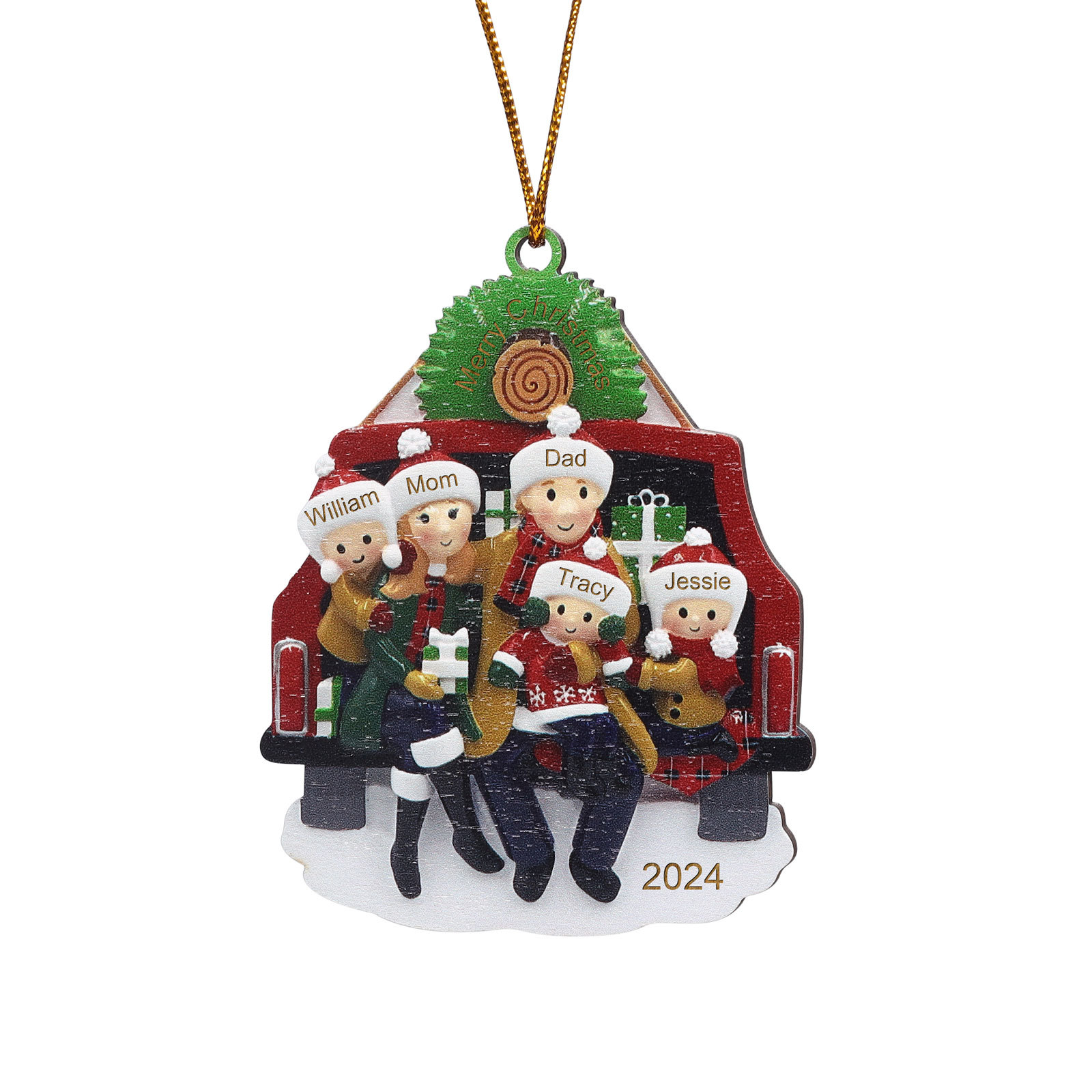 Custom Wooden Family Car Ornament Personalized Christmas Gift with 5 Names & Year