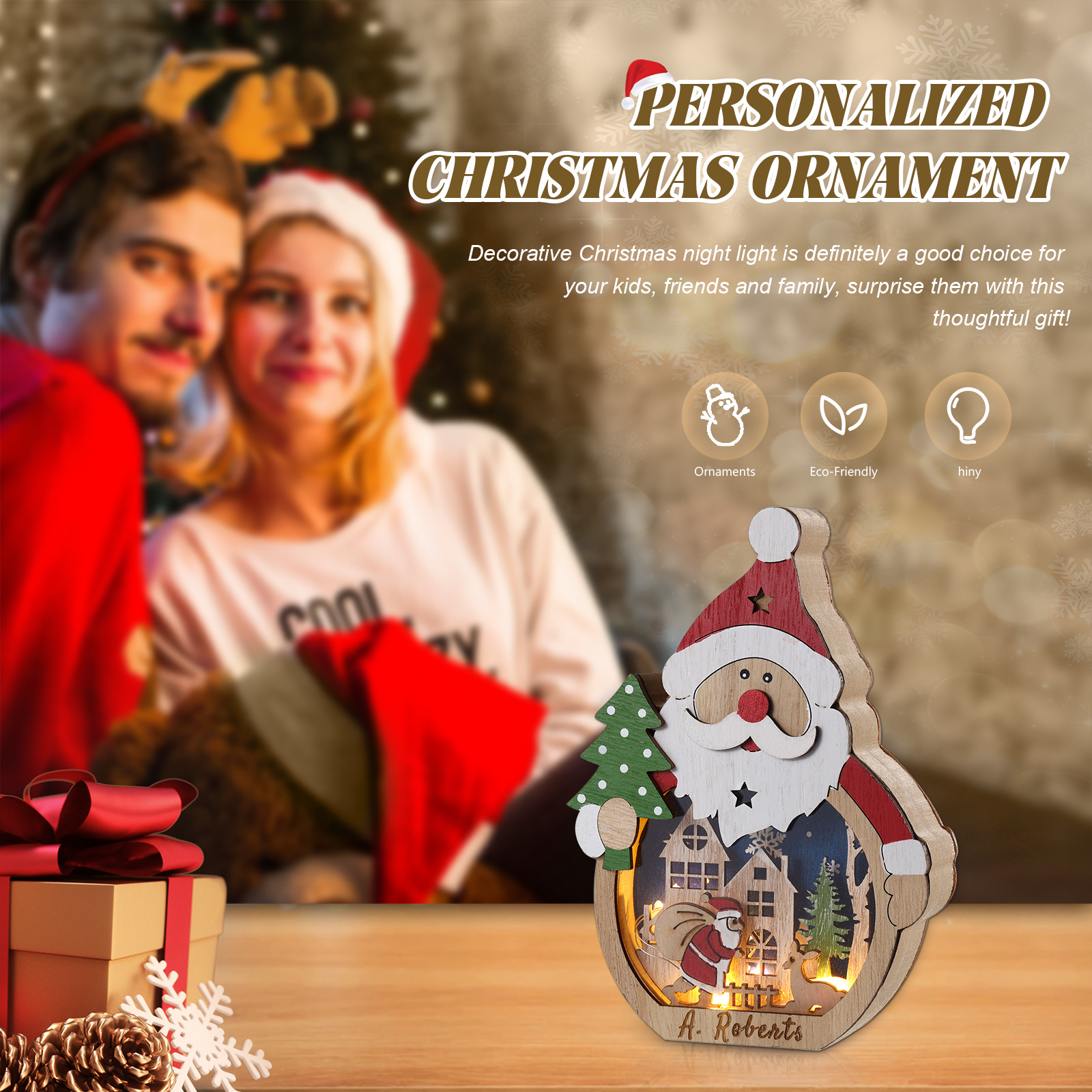 Personalized Wooden Santa and Snowman Night Light with Custom Names